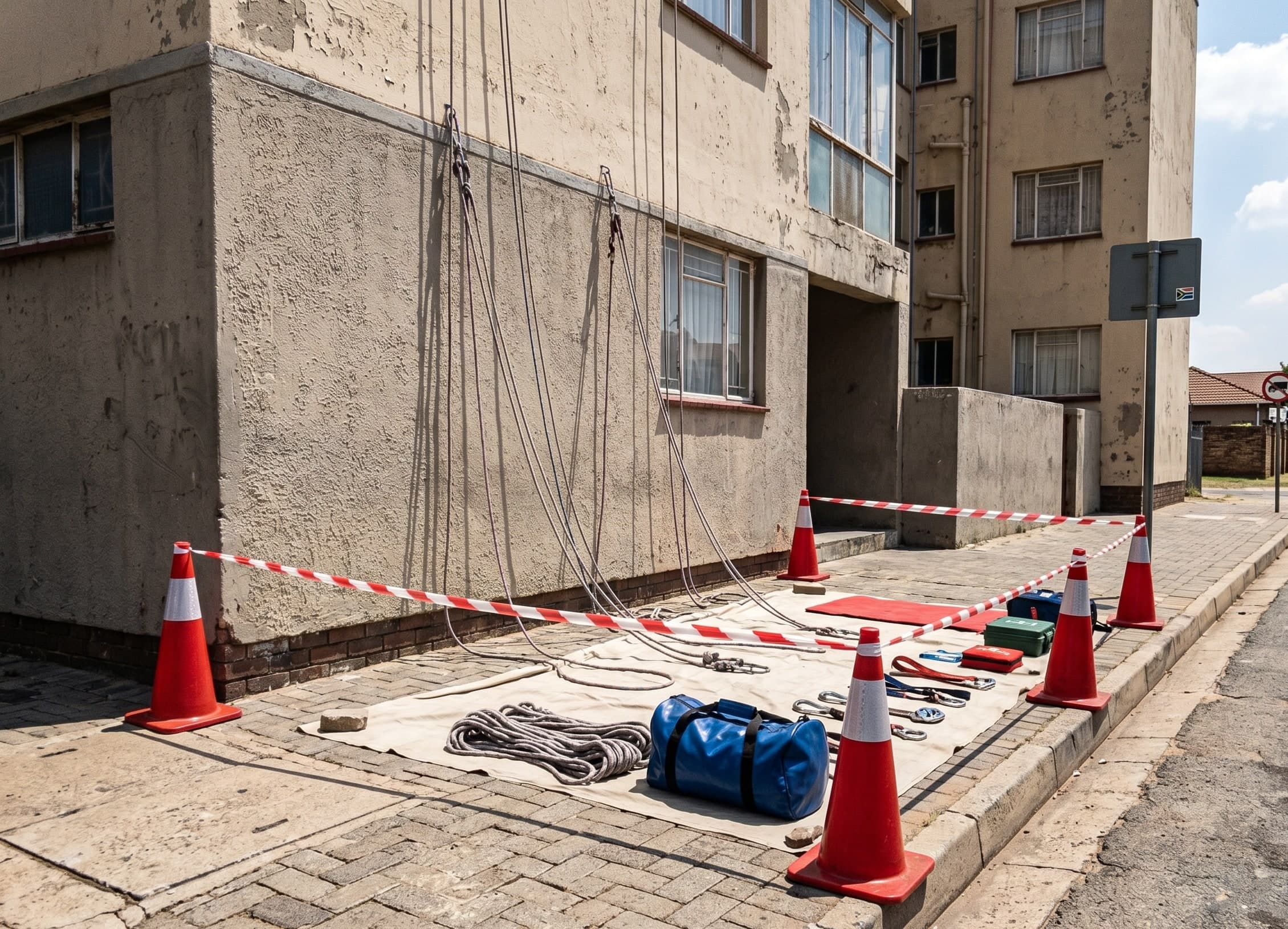 Empty rope access staging zone at the base of a Gauteng mid-rise building