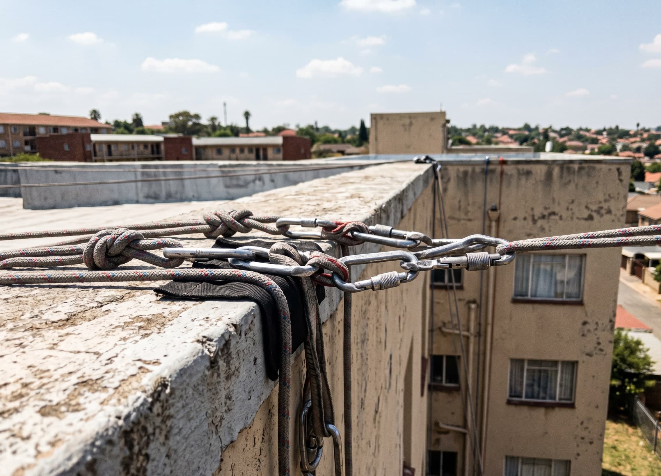 Completed upper-level exterior repaint on Gauteng townhouses using rope access