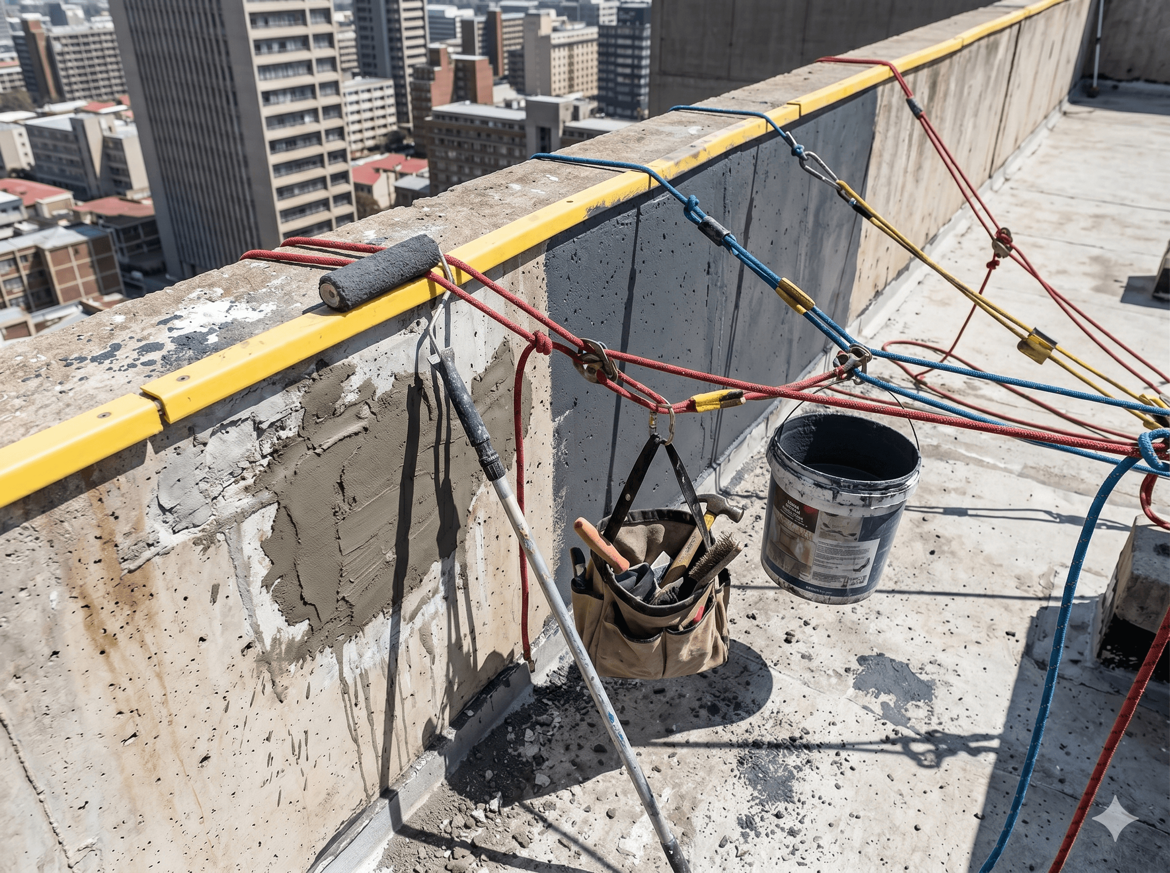 Rope access team with safety equipment on a commercial building exterior