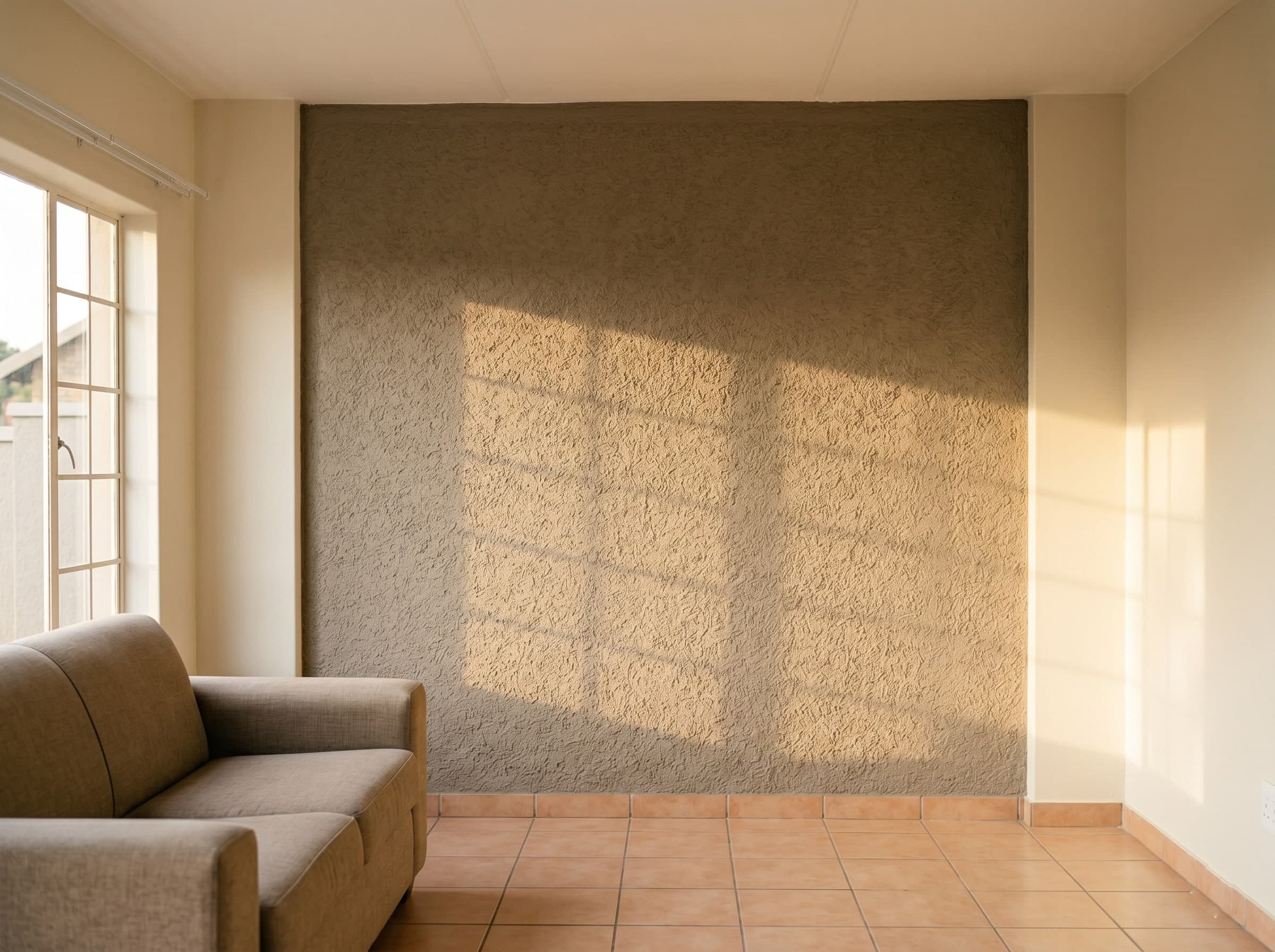 Close-up of Marmoran texture termination at a window reveal on a Gauteng home