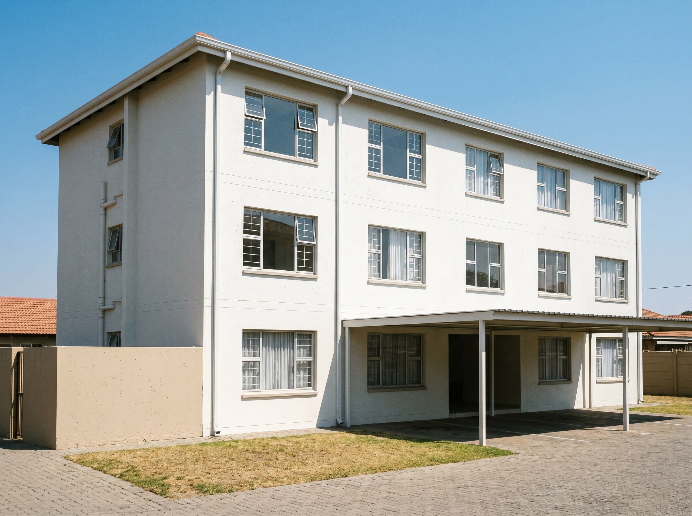Completed exterior repaint of a modest Gauteng sectional-title apartment block