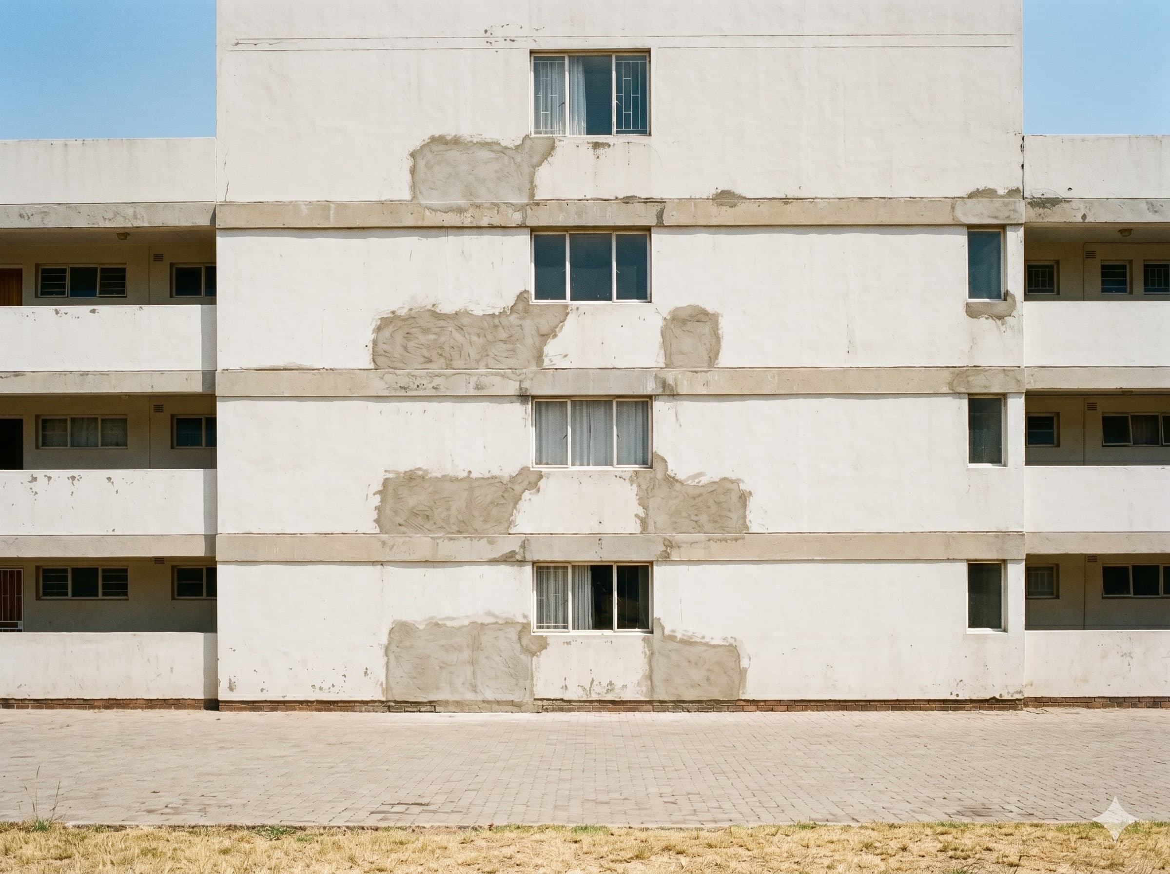 Completed concrete spalling repair on a modest Gauteng sectional-title building elevation