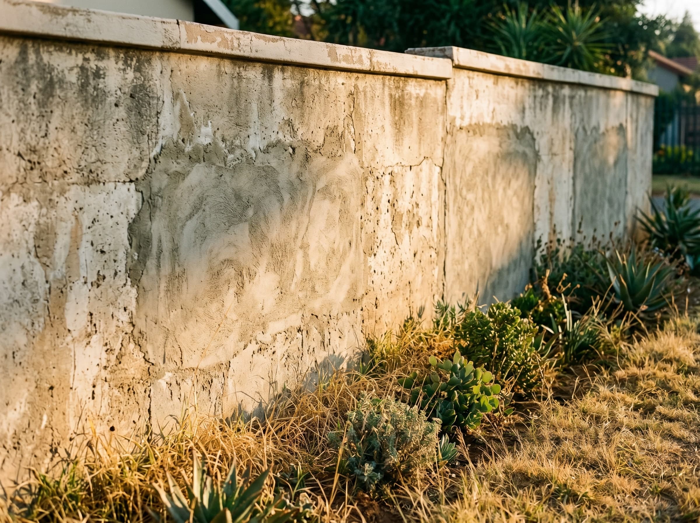 Close-up of completed structural repair mortar feathering into original concrete on a Gauteng column