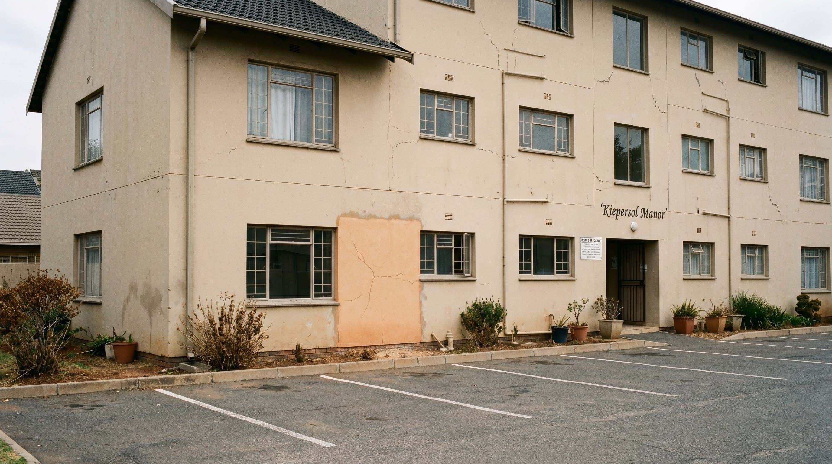 Repaired crack injection patch on a modest Gauteng sectional-title building