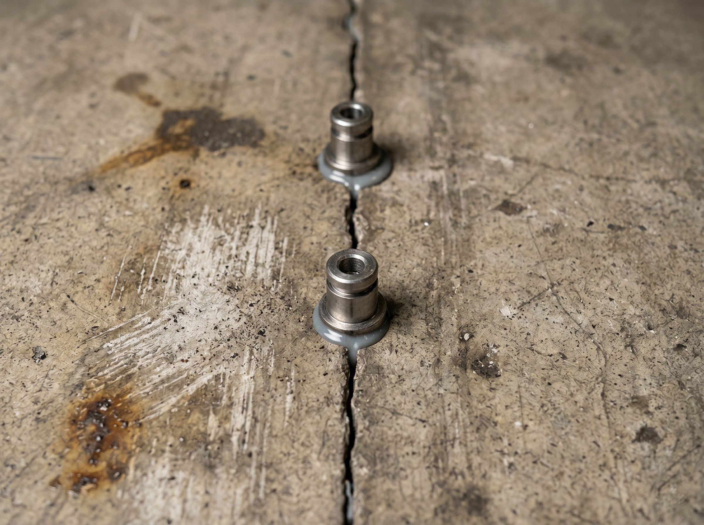 Close-up of injection ports on a short workshop floor crack