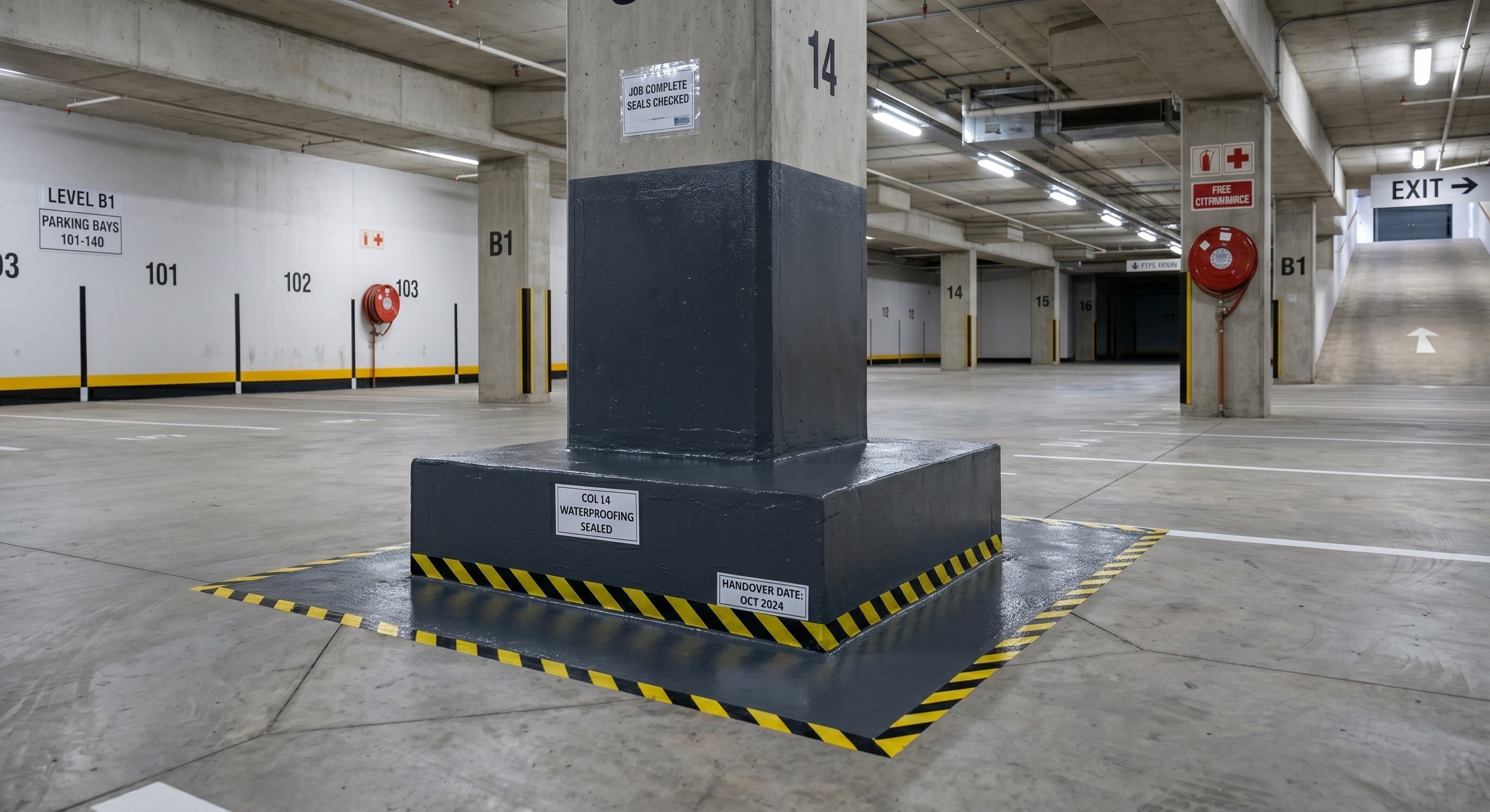 Finished waterproofing at a basement parking column base