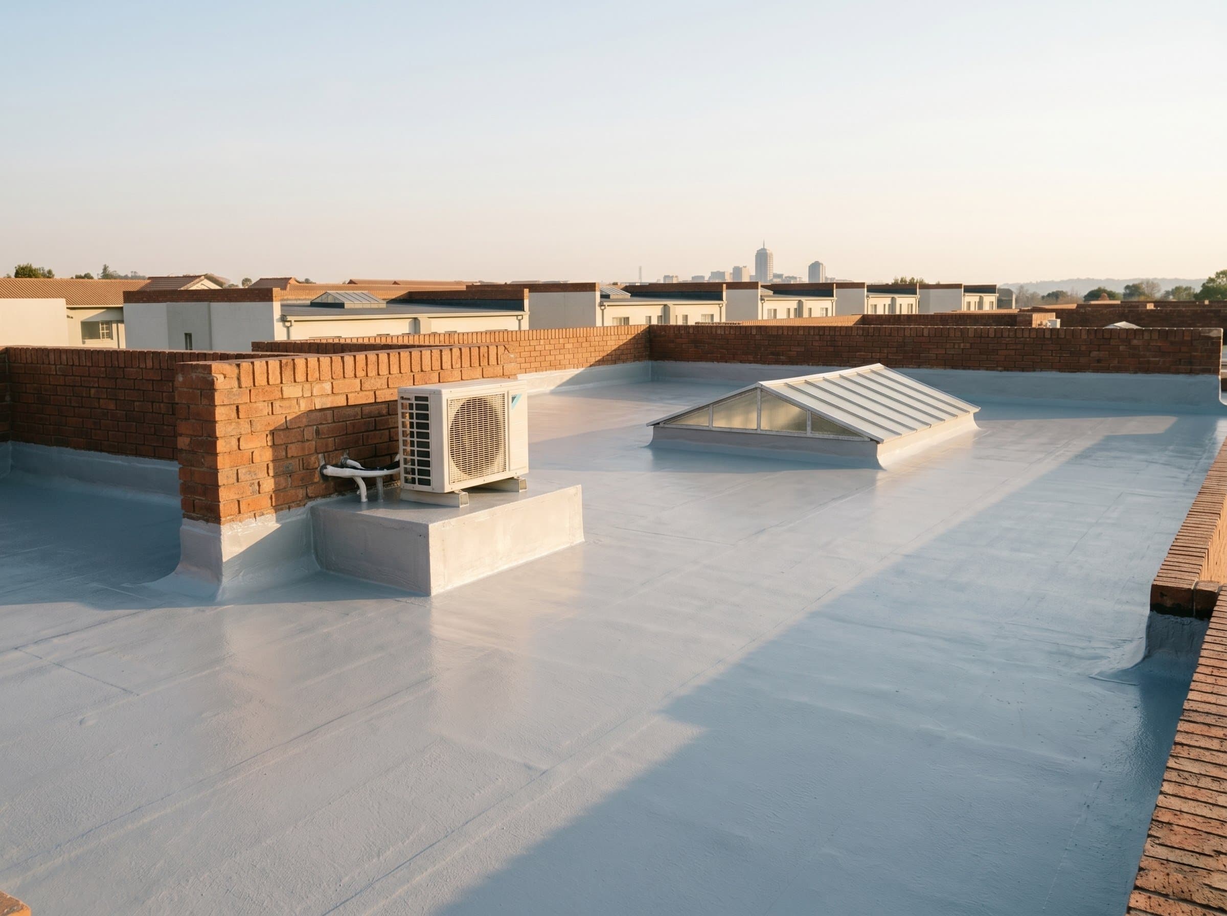 Completed liquid-applied waterproofing membrane on a Gauteng flat roof
