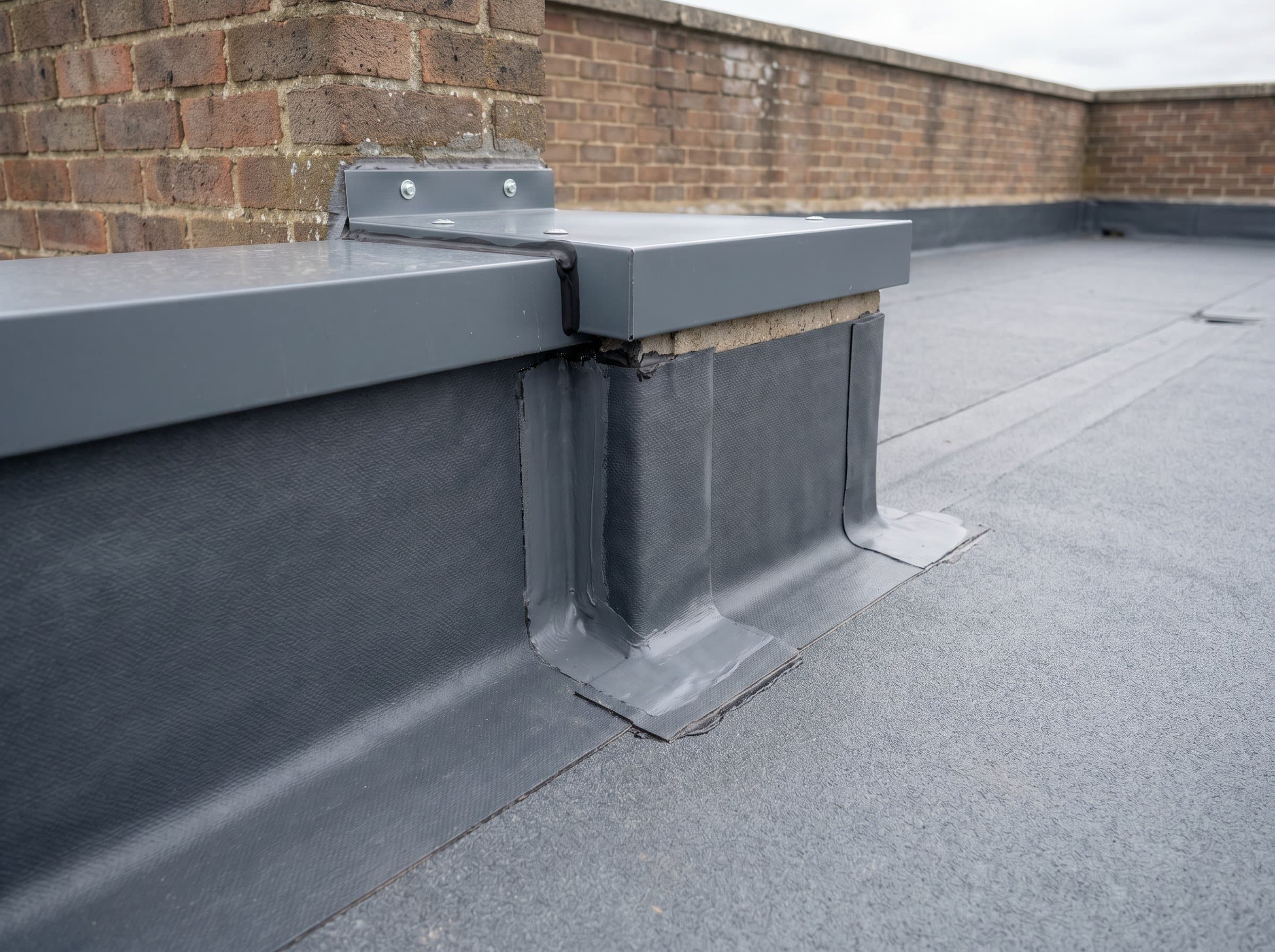 Finished flat roof parapet kerb membrane detail
