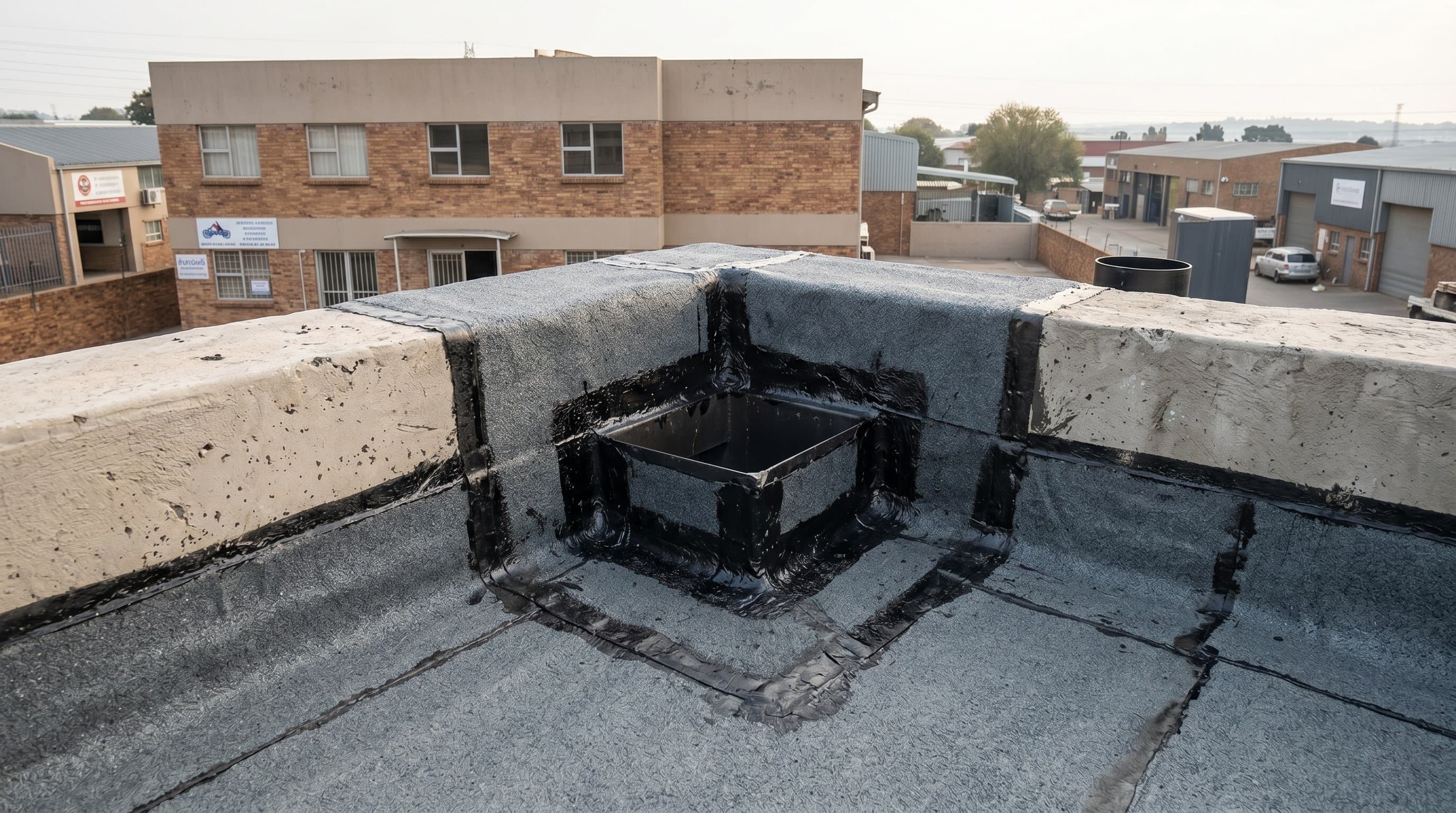 Finished membrane dress-down at a roof outlet on a small flat slab