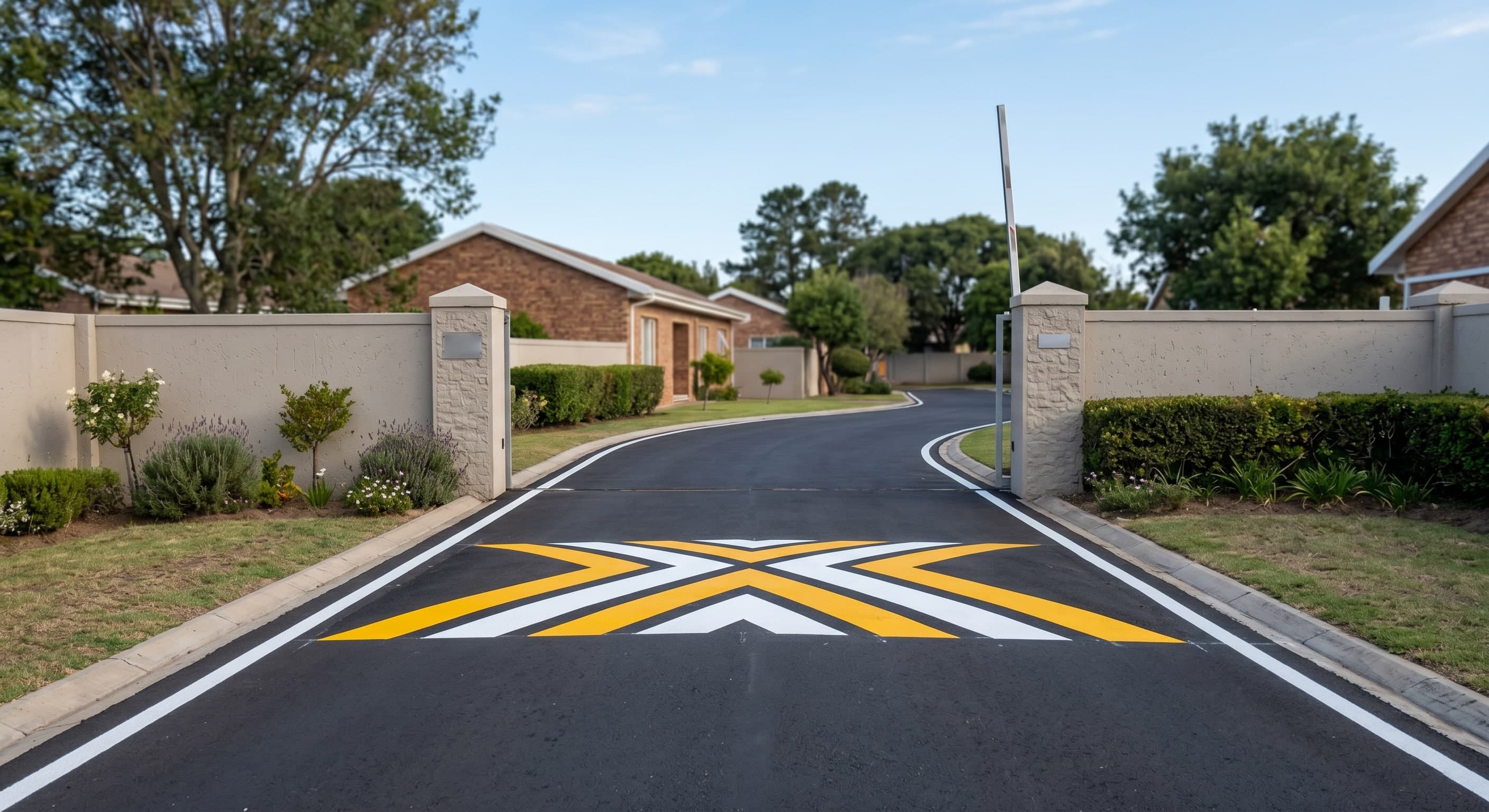 Completed entrance road line marking at a modest Gauteng residential estate