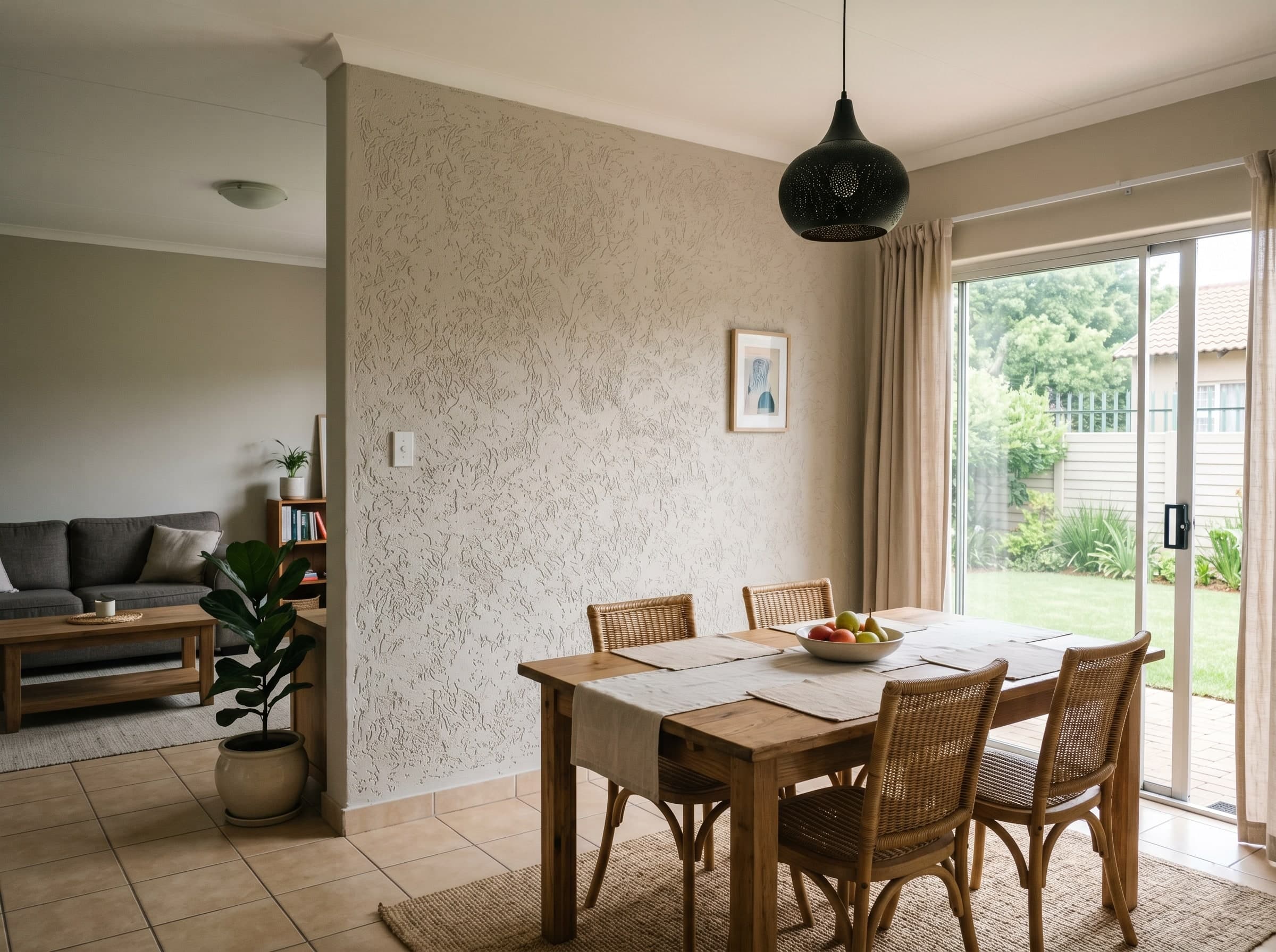 Completed soft greige interior stucco wall in a formal dining room in Gauteng