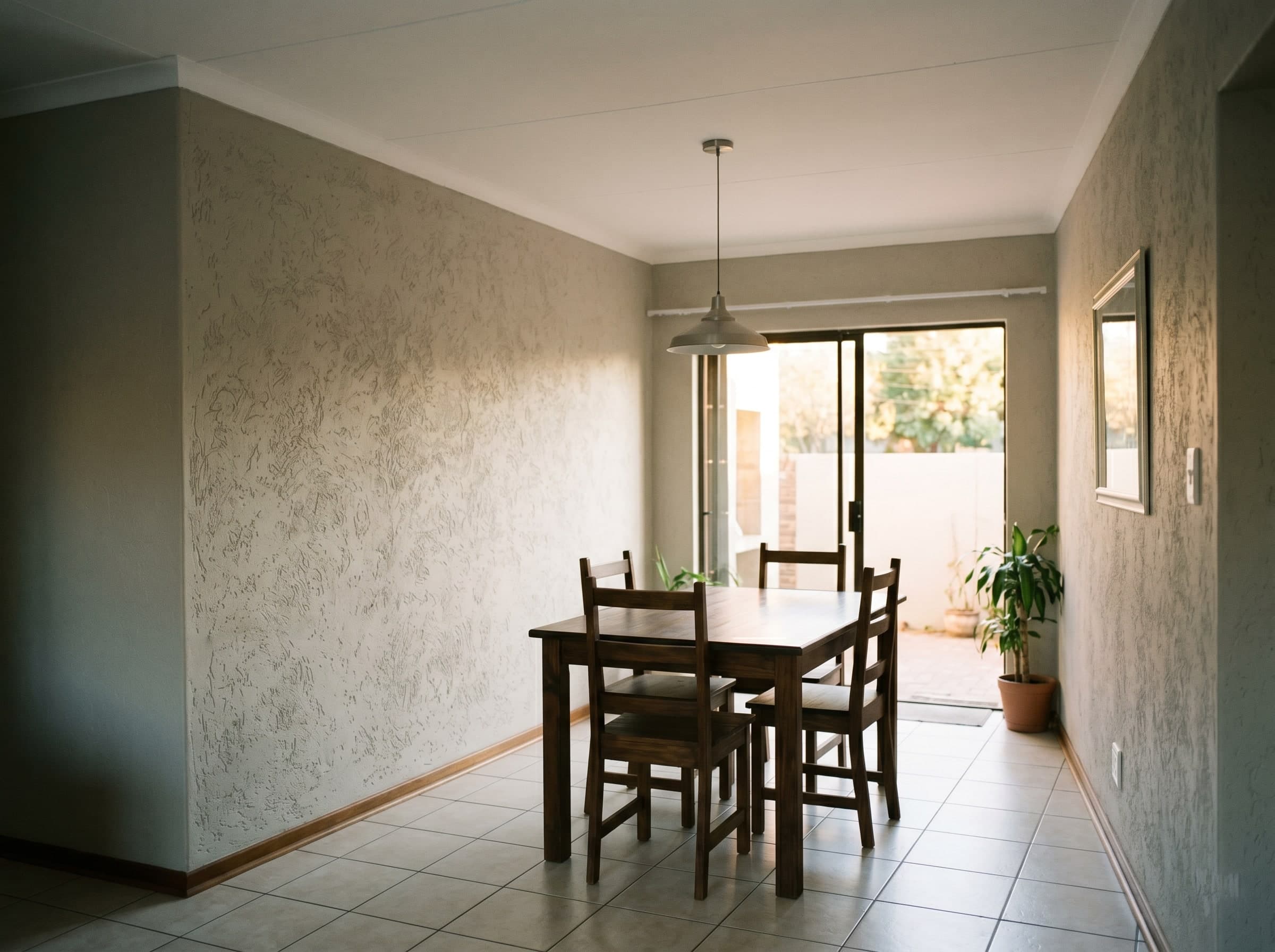 Completed warm off-white interior stucco on a lounge corner wall in a Gauteng home