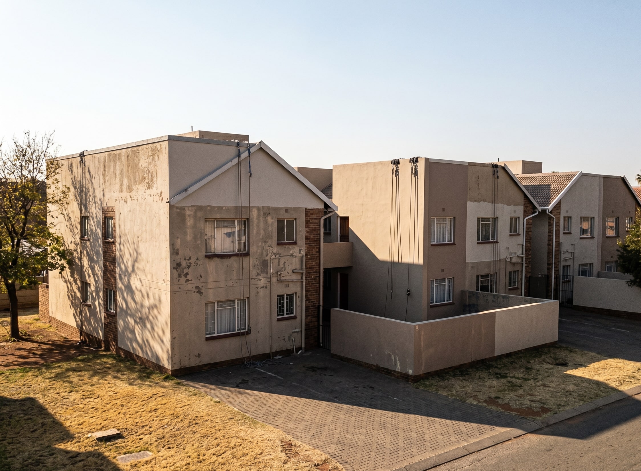 Close-up of rope access anchor lines at a parapet on a Gauteng building