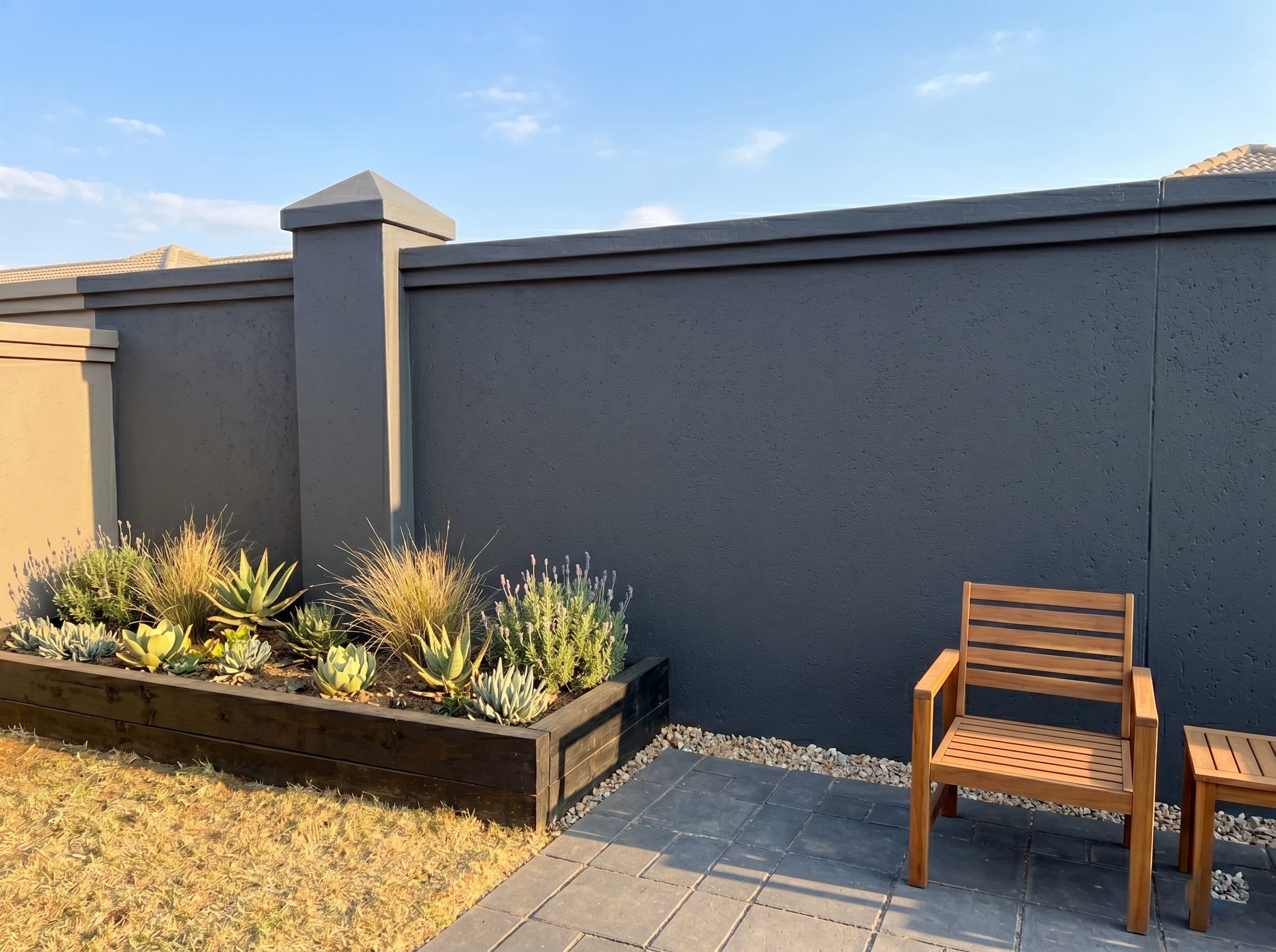 Finished decorative cement garden wall beside a small patio