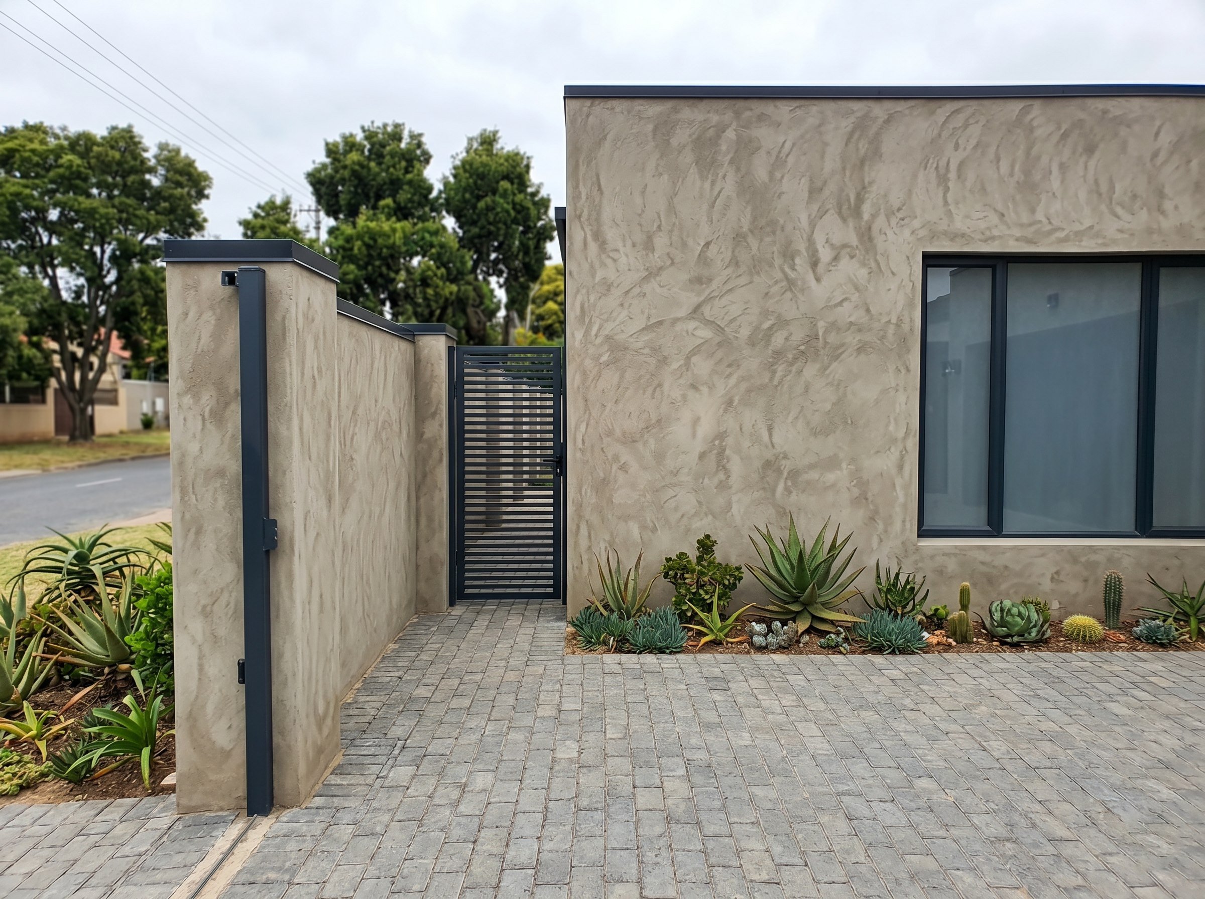 Finished decorative cement feature wall on a normal Gauteng home
