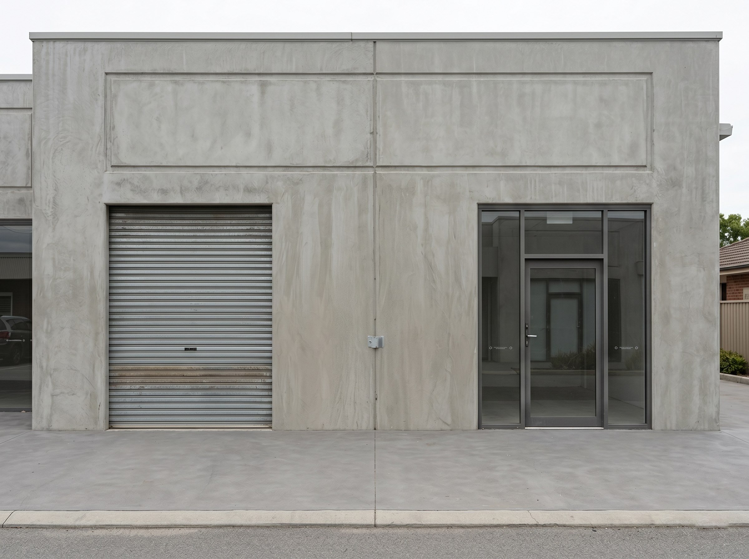 Completed cementitious finish on a small commercial street front