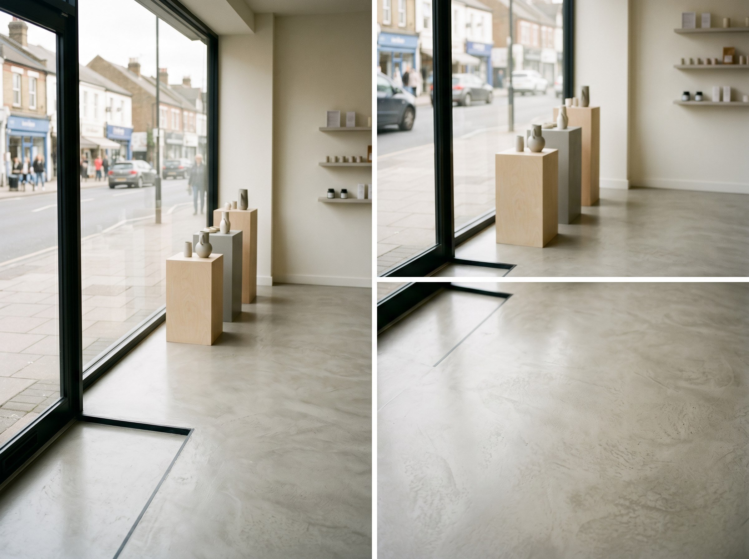 Finished seamless cement floor in a small retail showroom