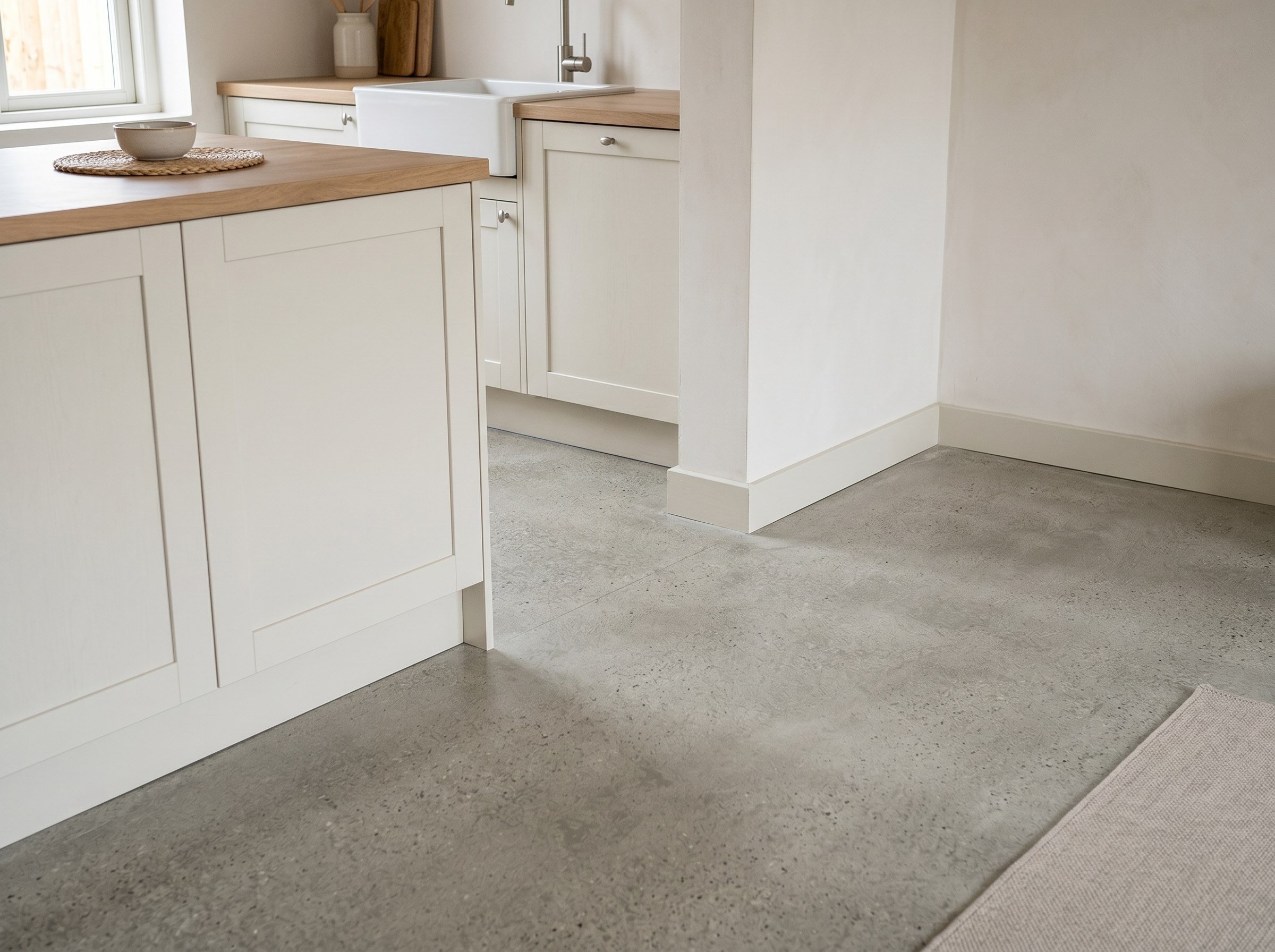 Seamless cement floor between kitchen and living space in a modest home