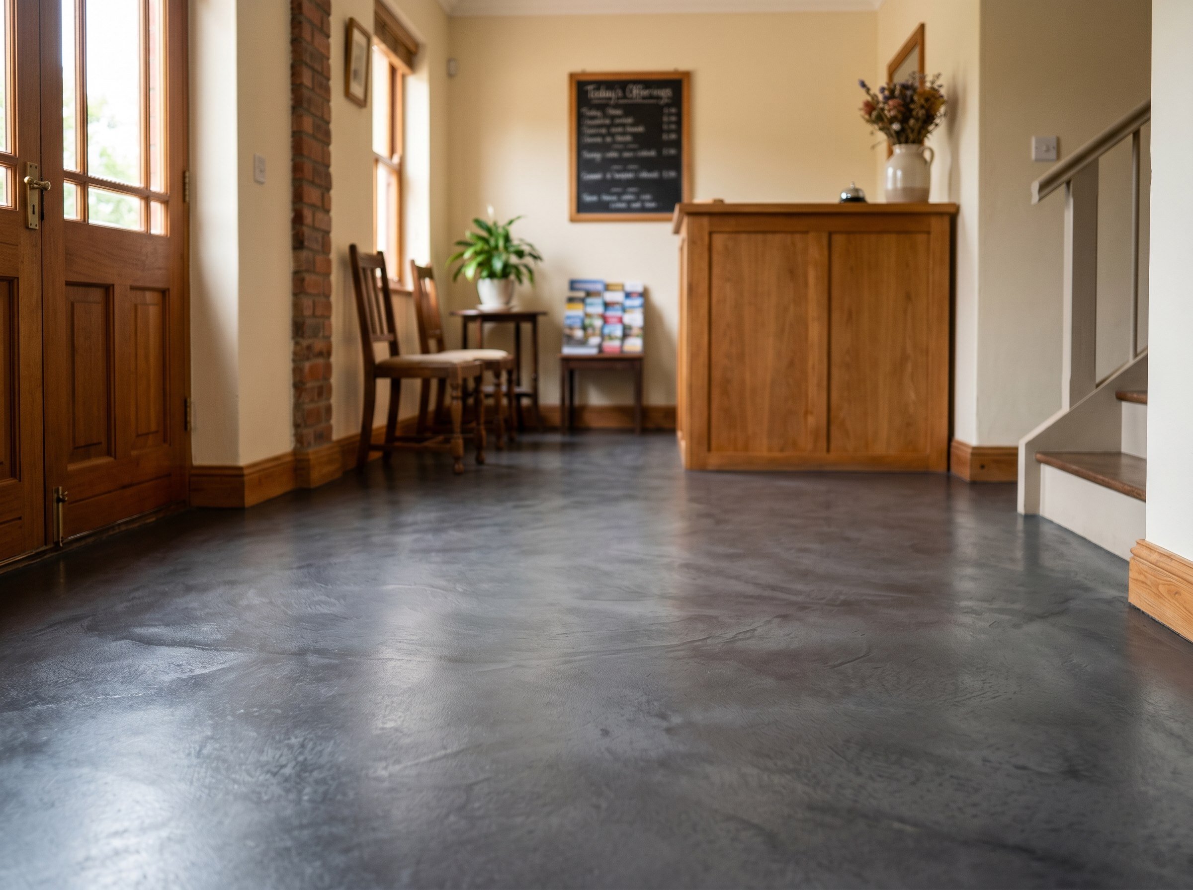 Completed decorative cement floor in a small café or guesthouse entrance