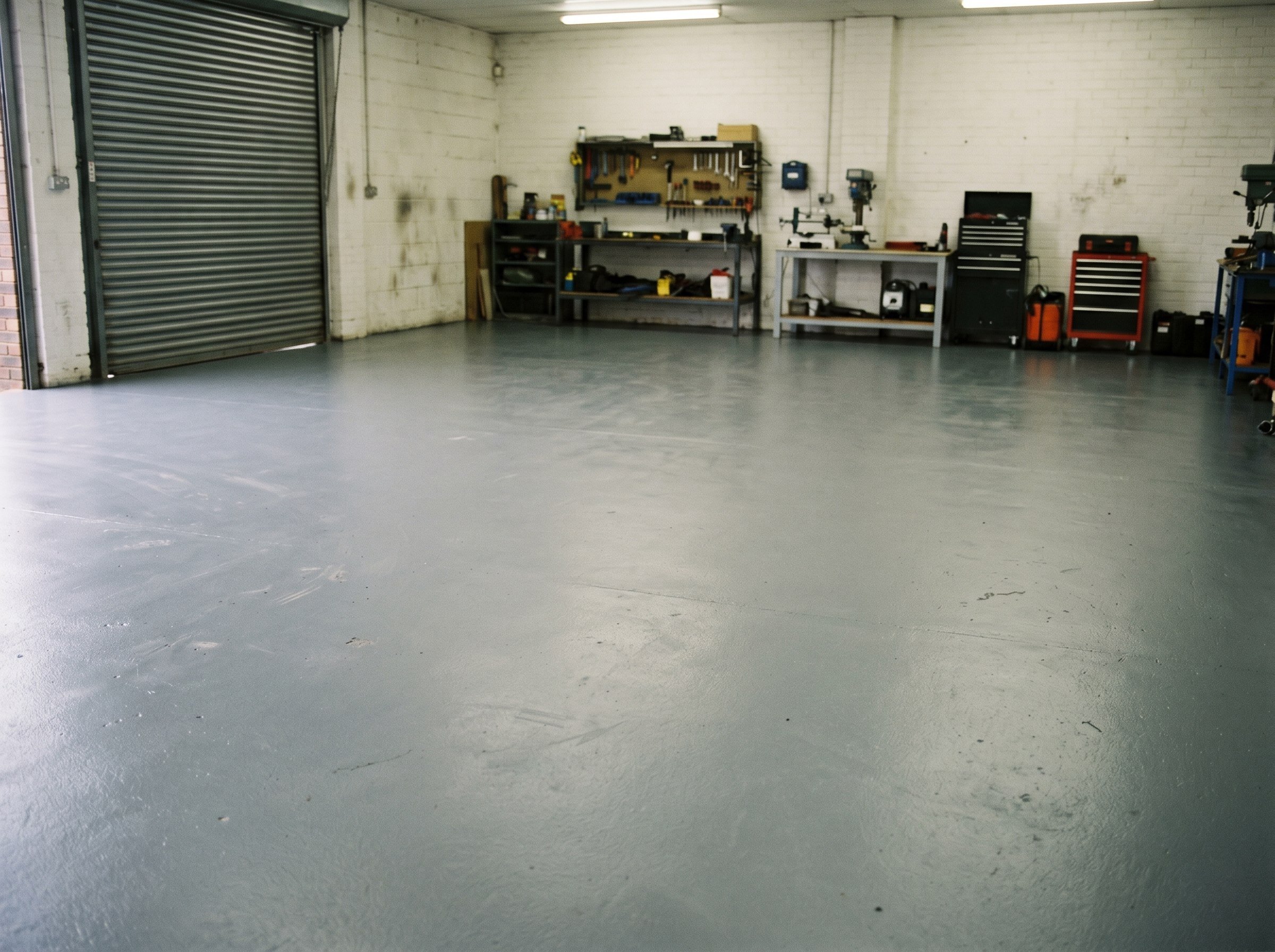Completed mid-grey epoxy floor in a small Gauteng industrial unit