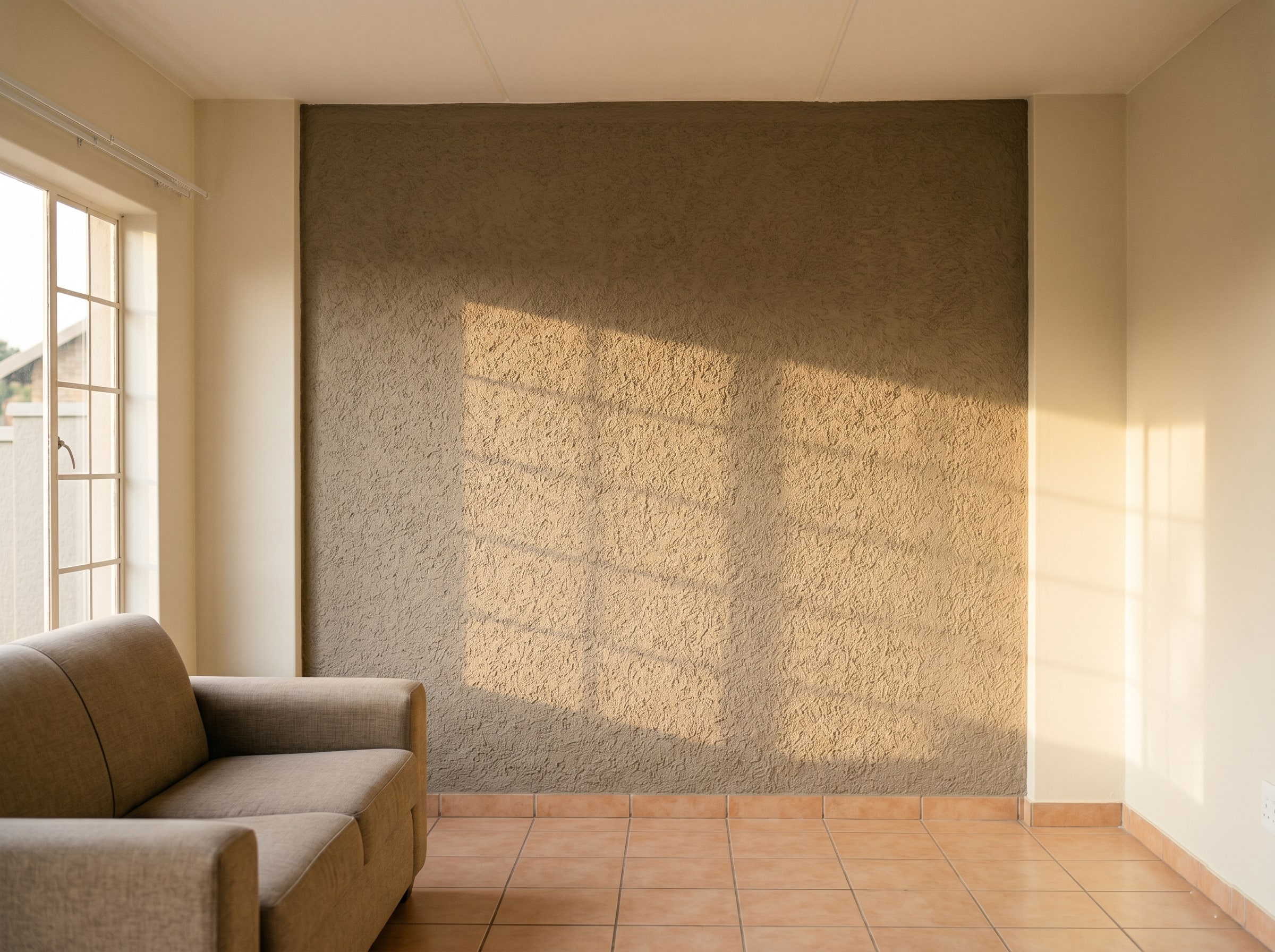 Close-up of Marmoran texture termination at a window reveal on a Gauteng home