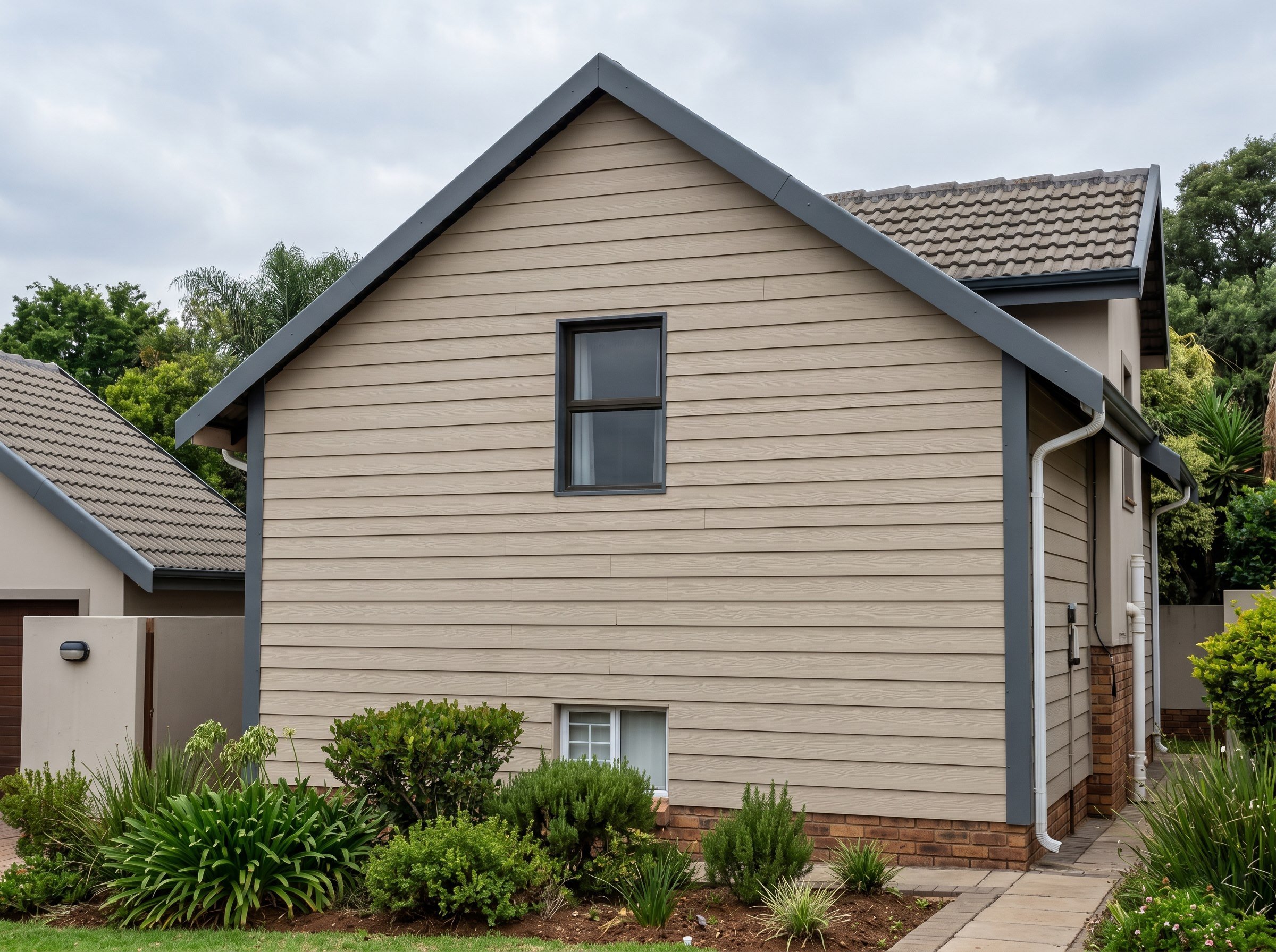 Finished fibre-cement cladding on a Gauteng townhouse gable end