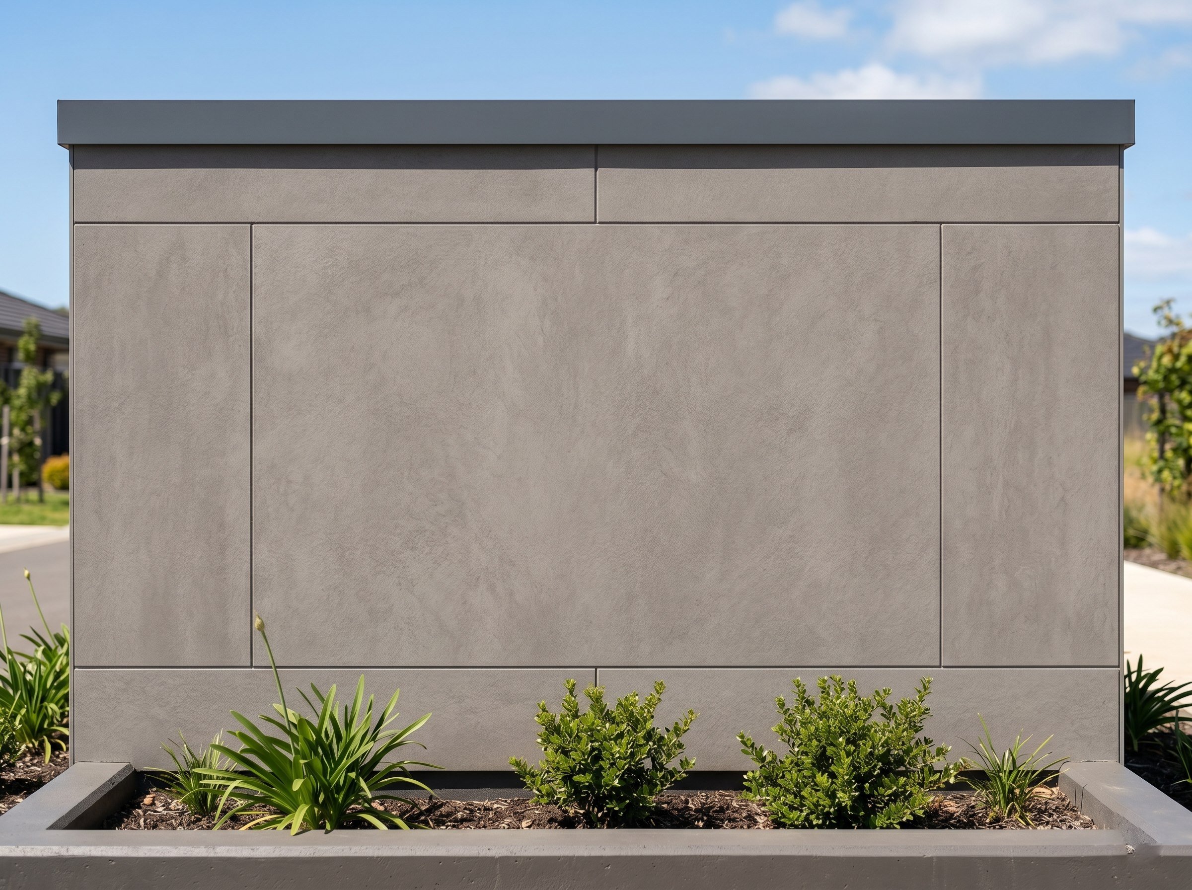 Completed cladding on a simple estate entrance feature wall in warm grey