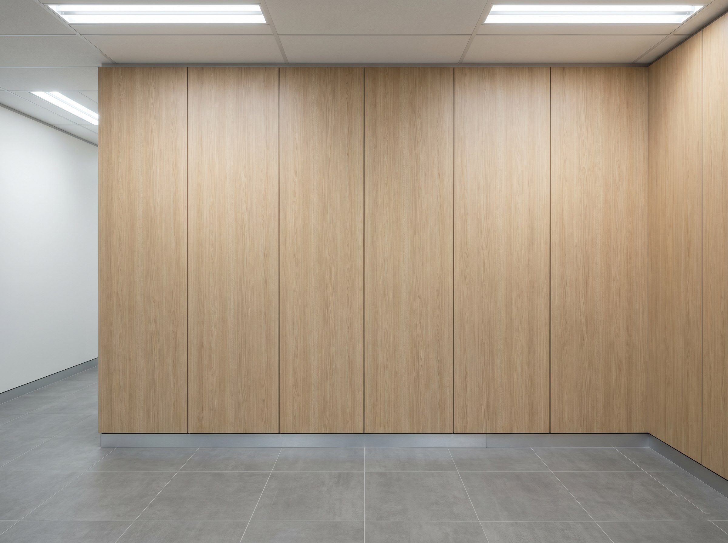 Finished interior feature wall cladding in a commercial reception area
