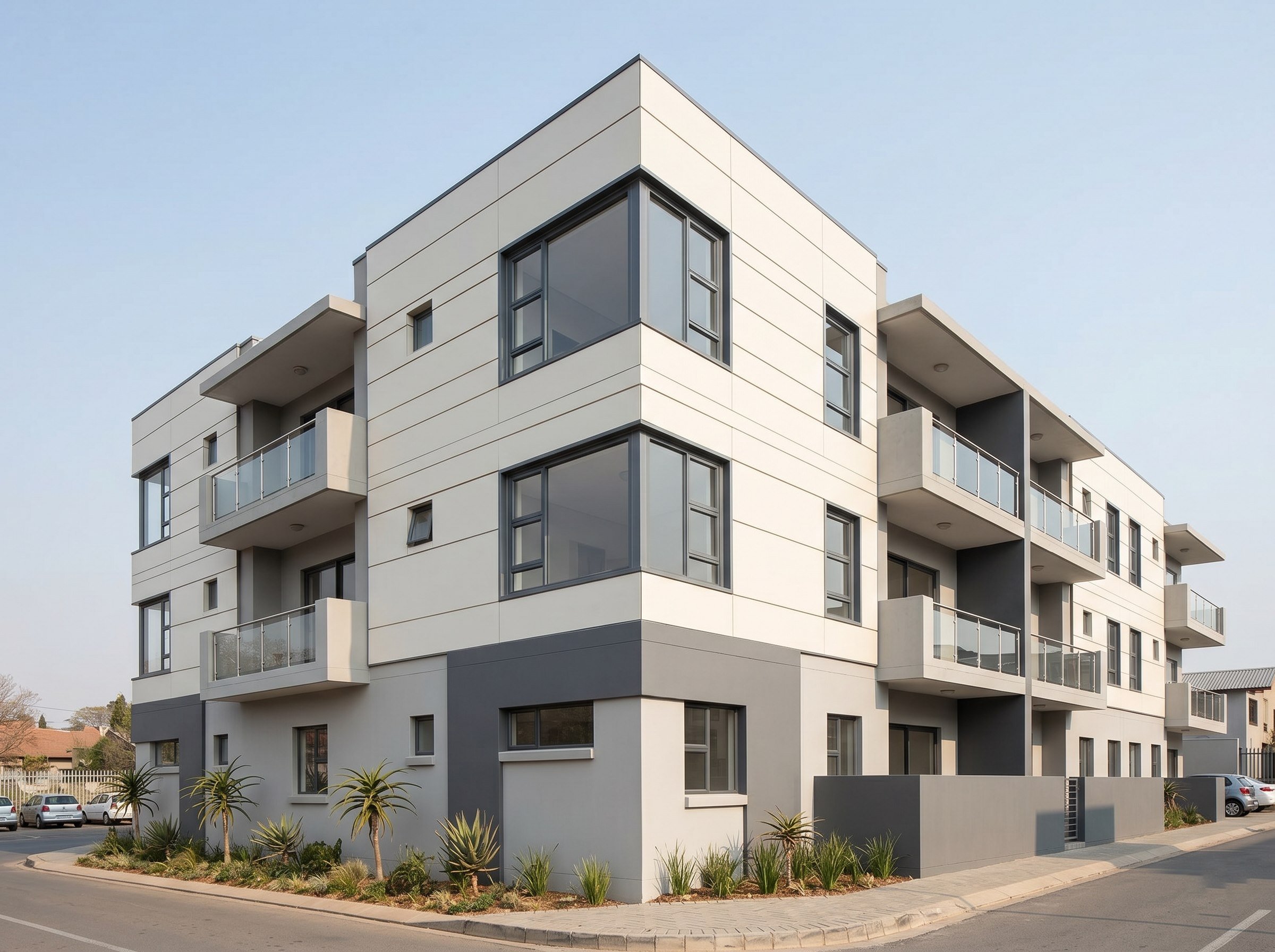 Completed mixed elevation with off-white cladding on a Gauteng sectional-title building