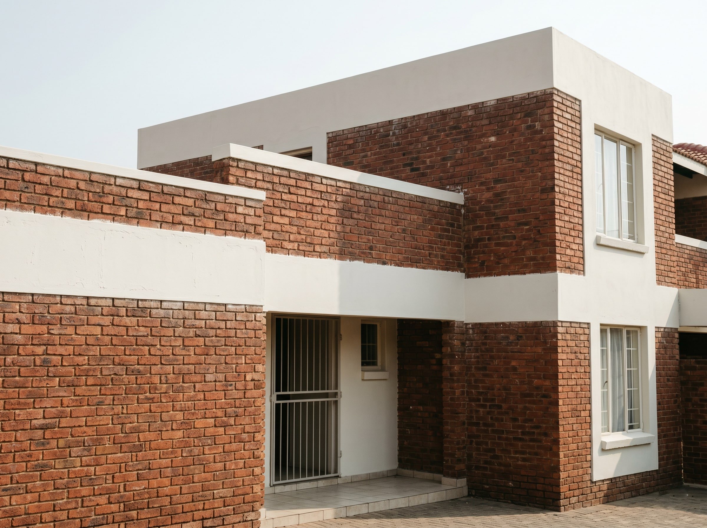 Completed white trim and face-brick refresh on a small sectional-title complex in Gauteng