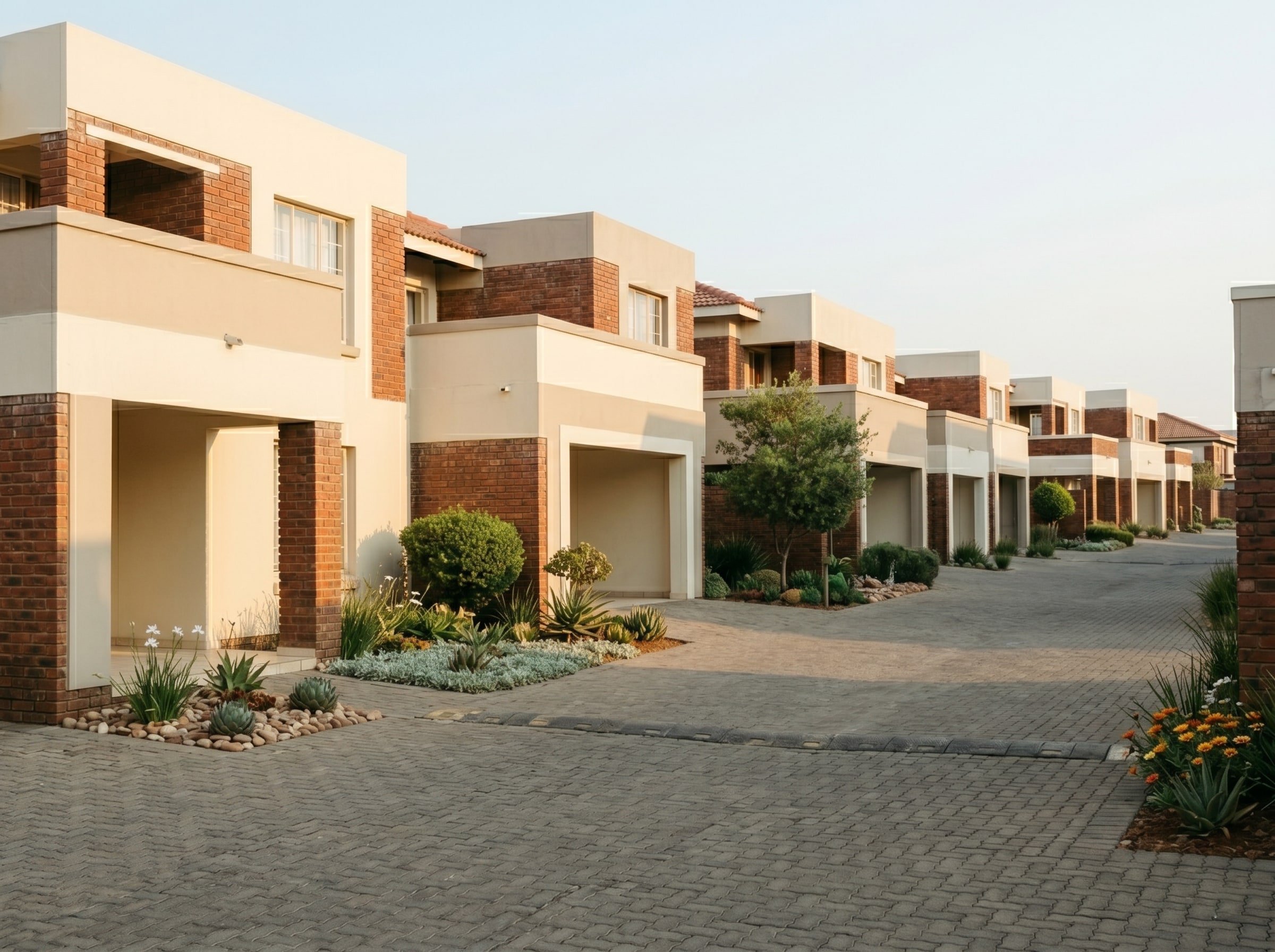Completed townhouse estate exterior painting along paved driveways in Gauteng