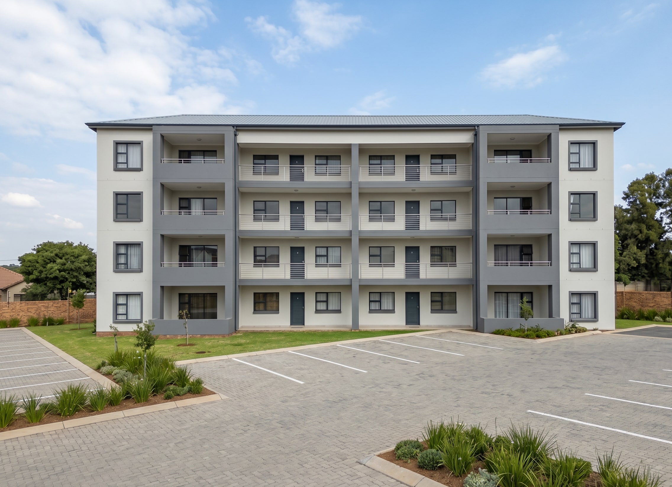 Completed exterior wall coatings on a Gauteng townhouse row