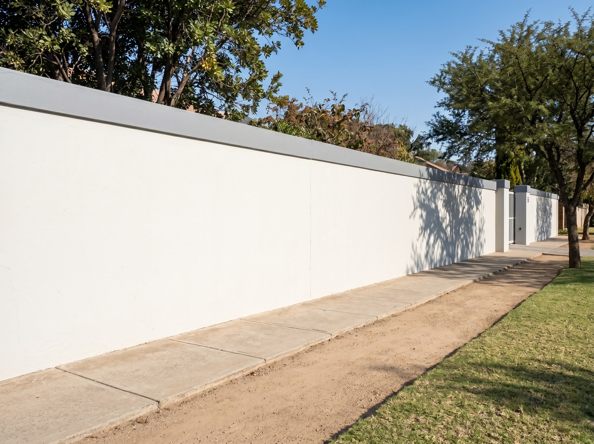 Close-up of completed two-tone exterior wall colour band on a Gauteng facade