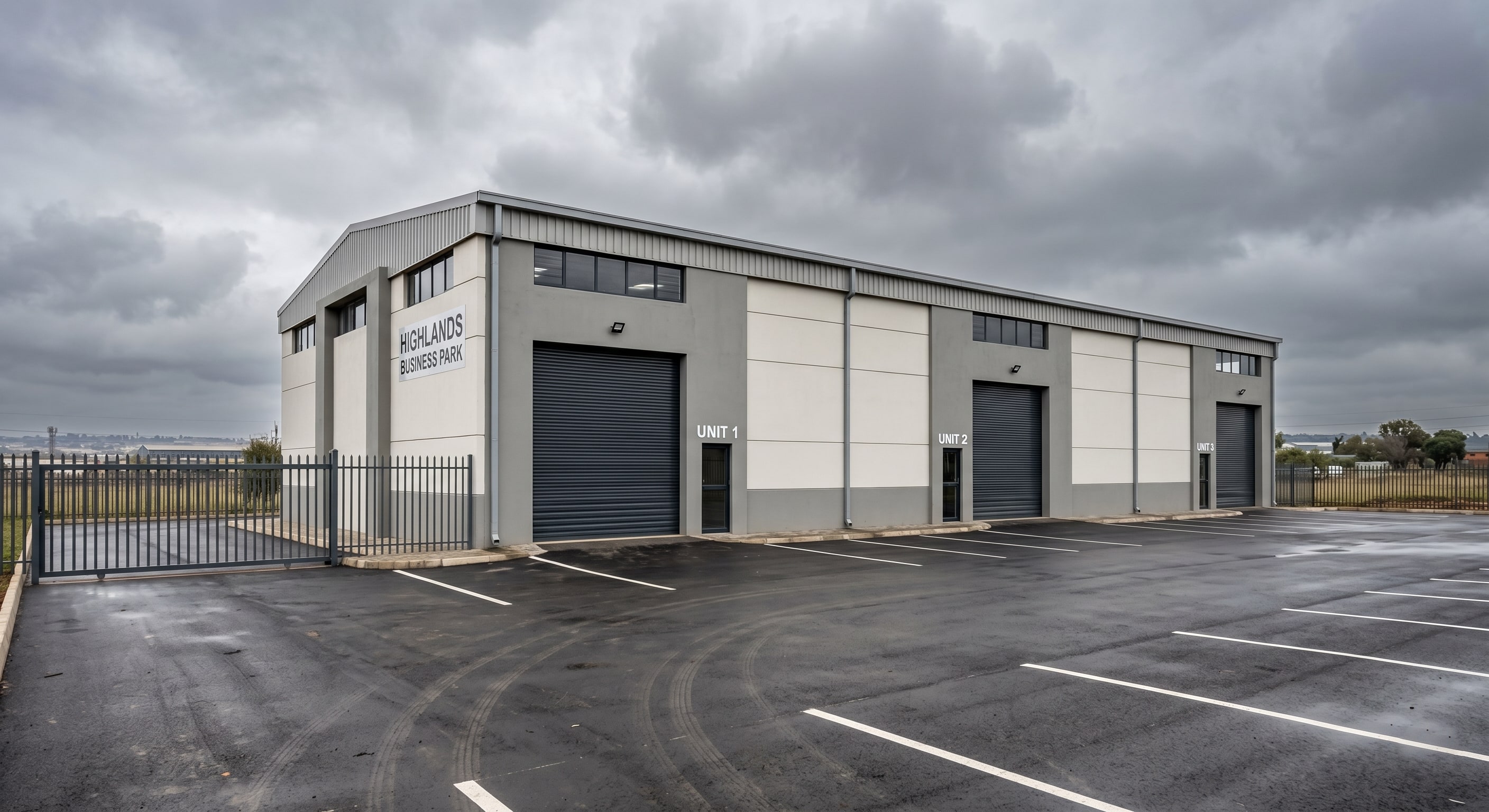 Completed exterior coatings on a small Gauteng business park warehouse row