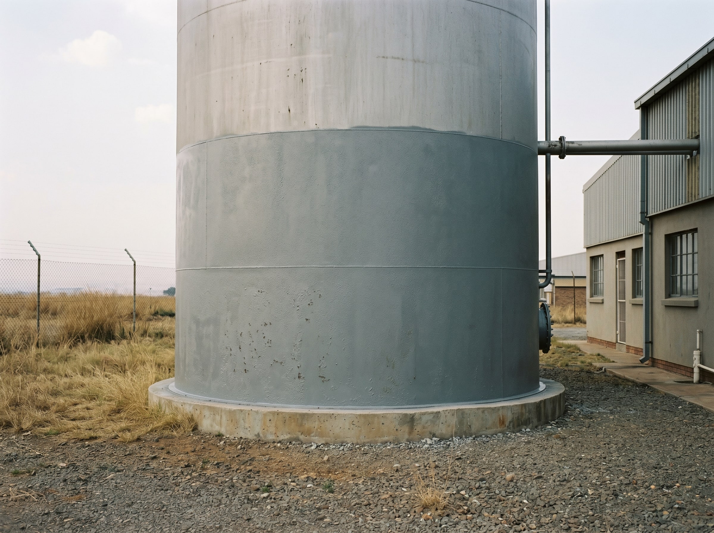 Completed corrosion control coatings on the lower section of a small industrial silo in Gauteng