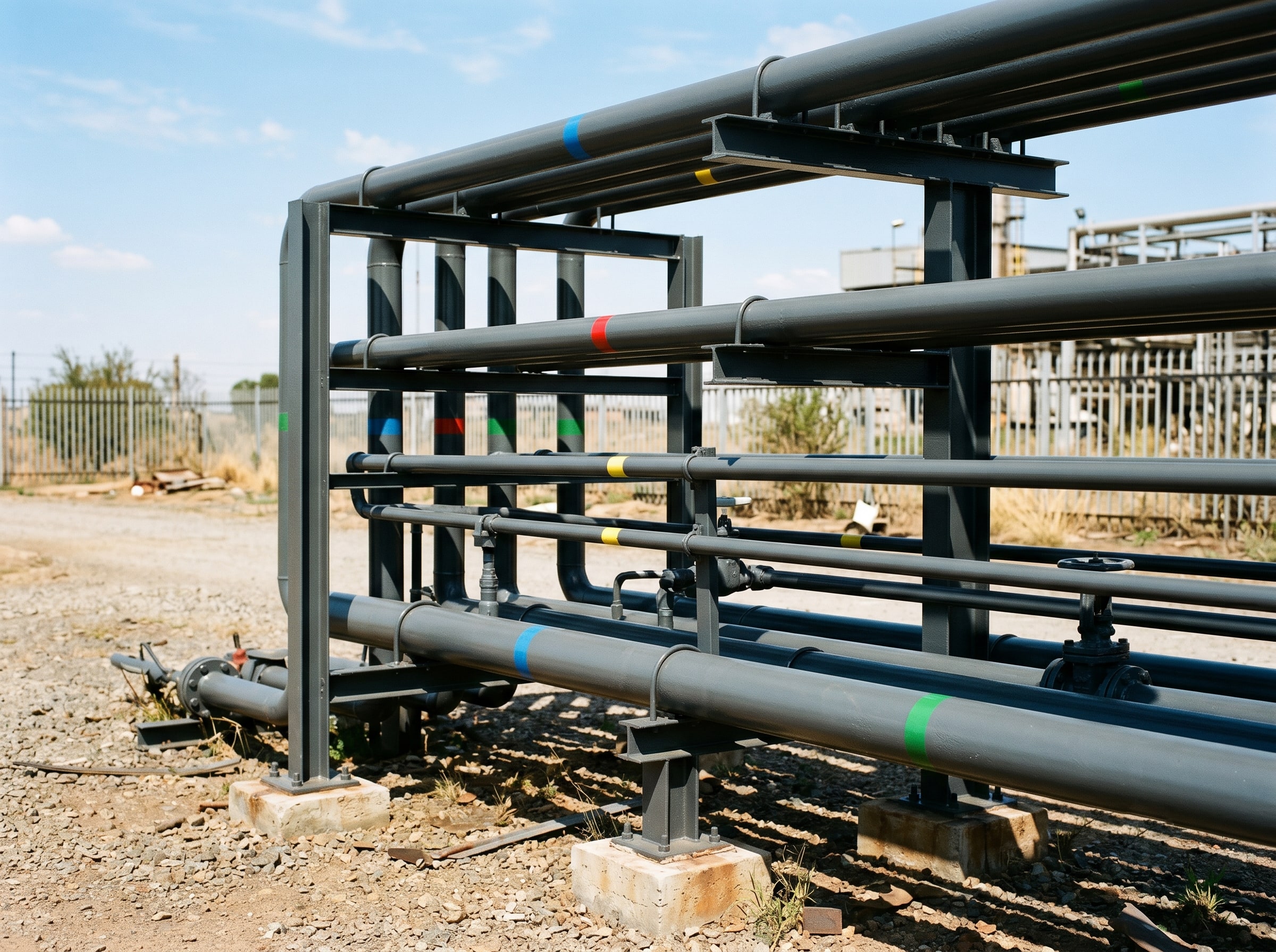 Completed protective coating on a small chemical plant pipe rack in Gauteng