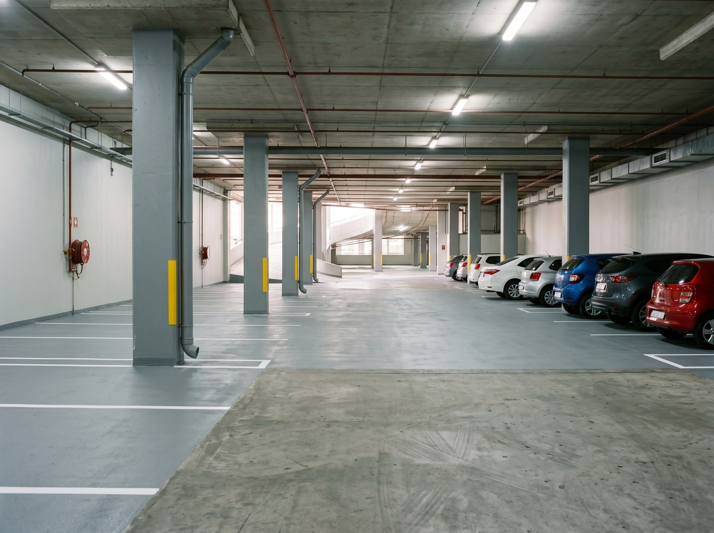 Completed light-reflective column and wall coatings in a residential basement car park