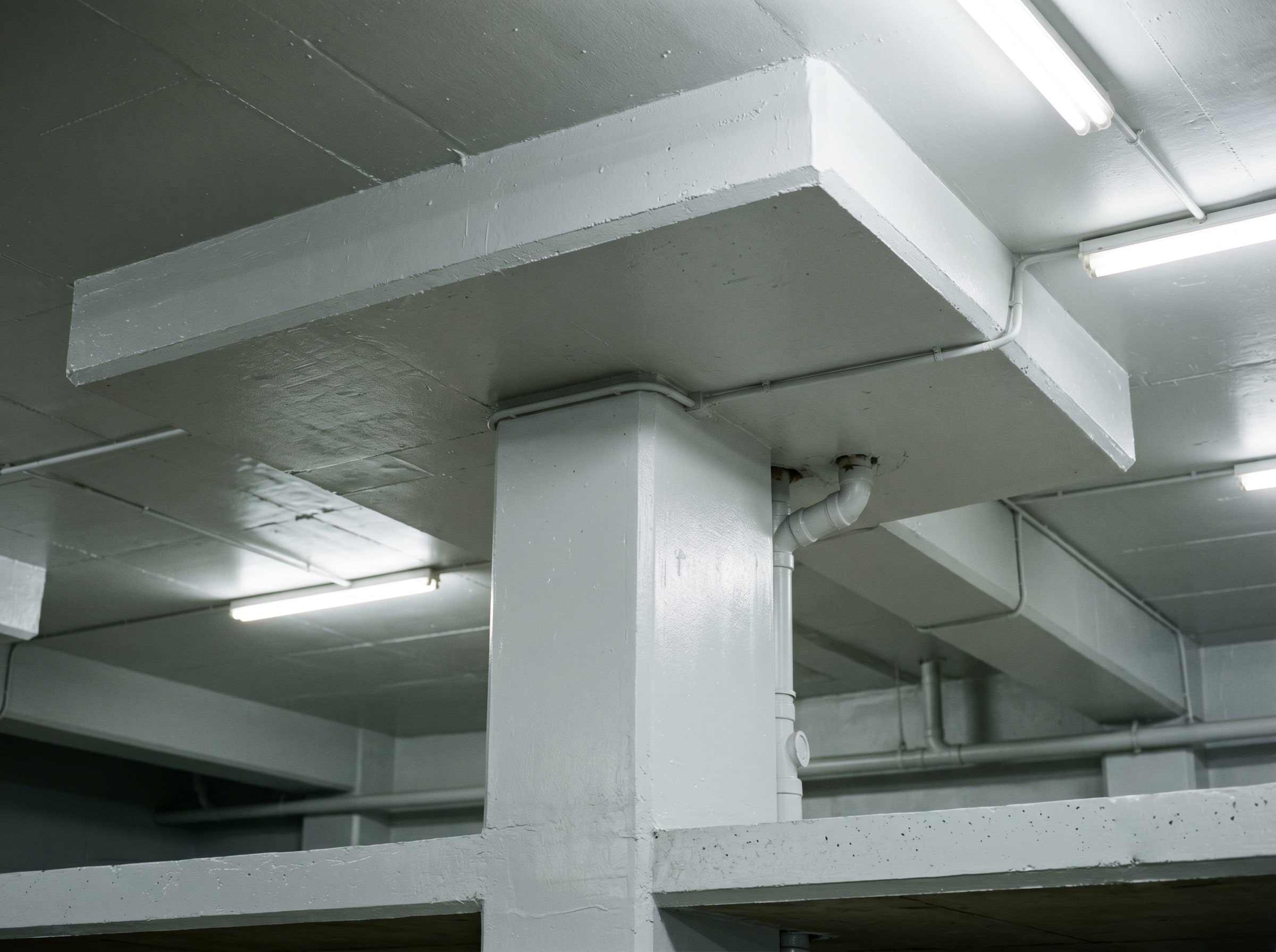 Close-up of completed column base and deck junction in a Gauteng parking garage