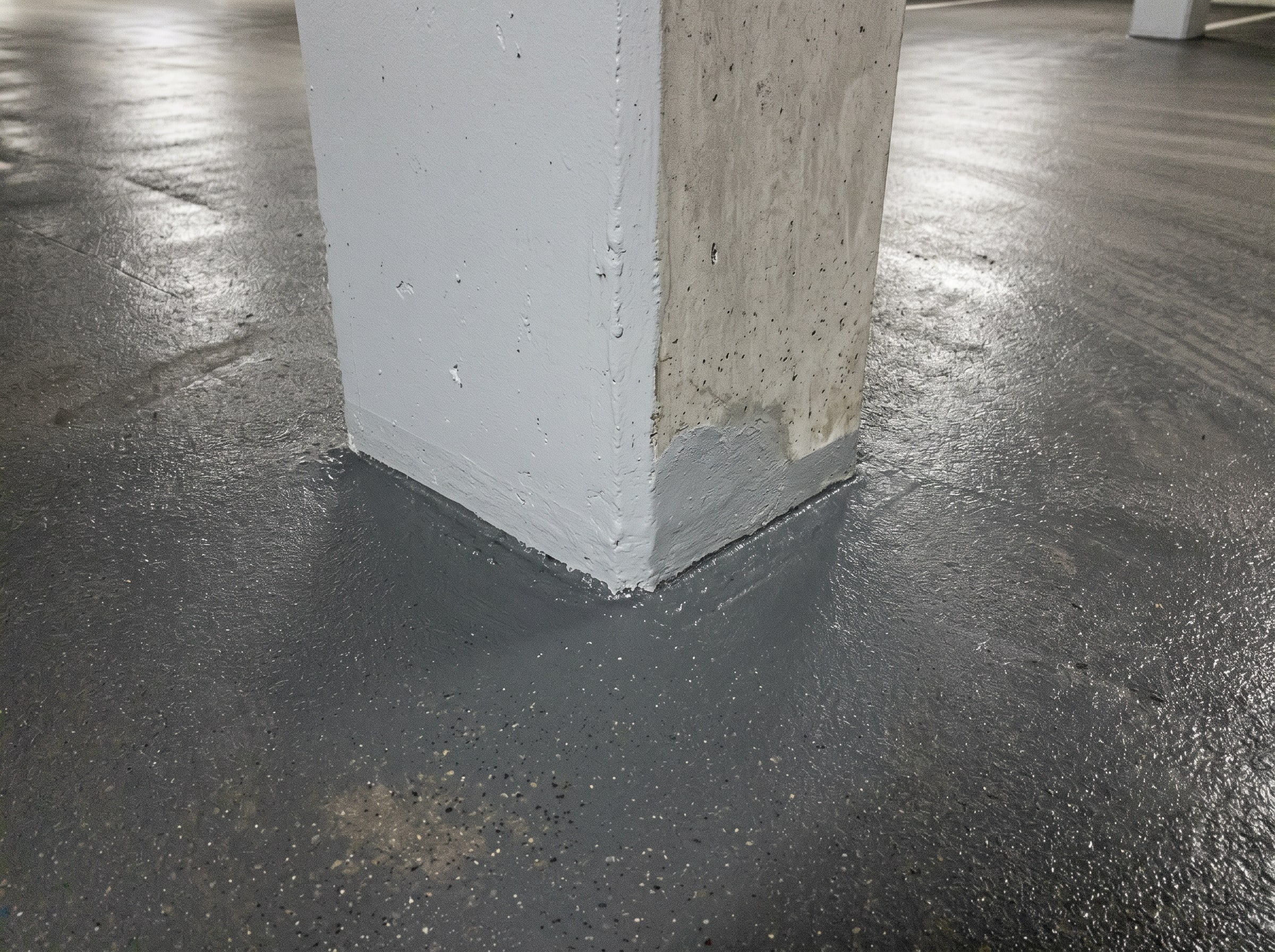 Close-up of completed soffit and column coating in a basement parking level