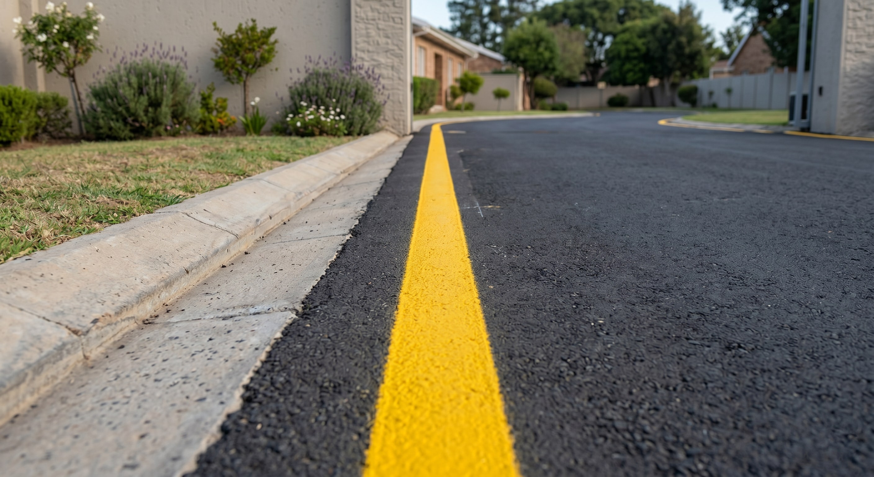 Close-up of completed yellow markings on a speed hump at a complex entrance
