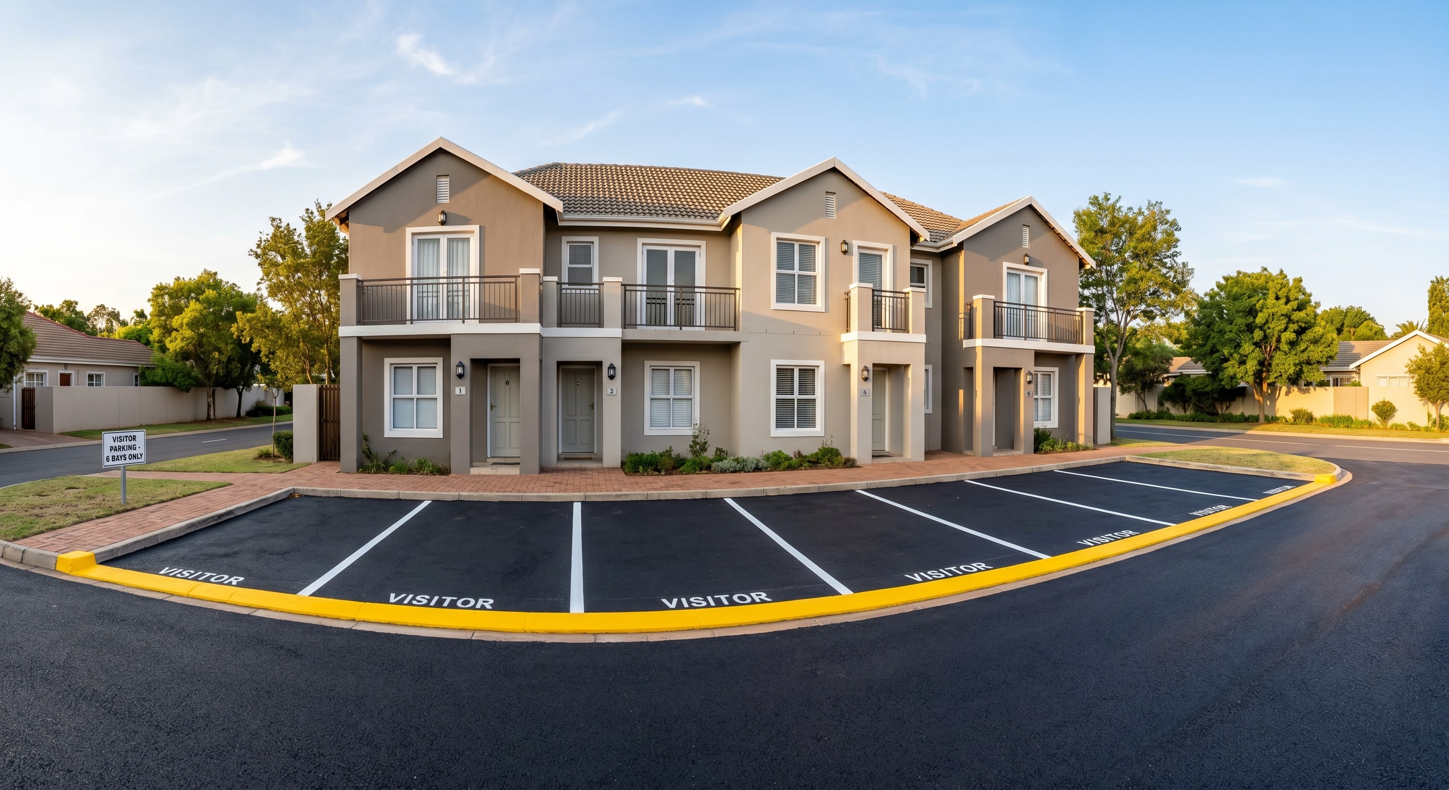 Completed visitor parking line marking at a small Gauteng townhouse cluster