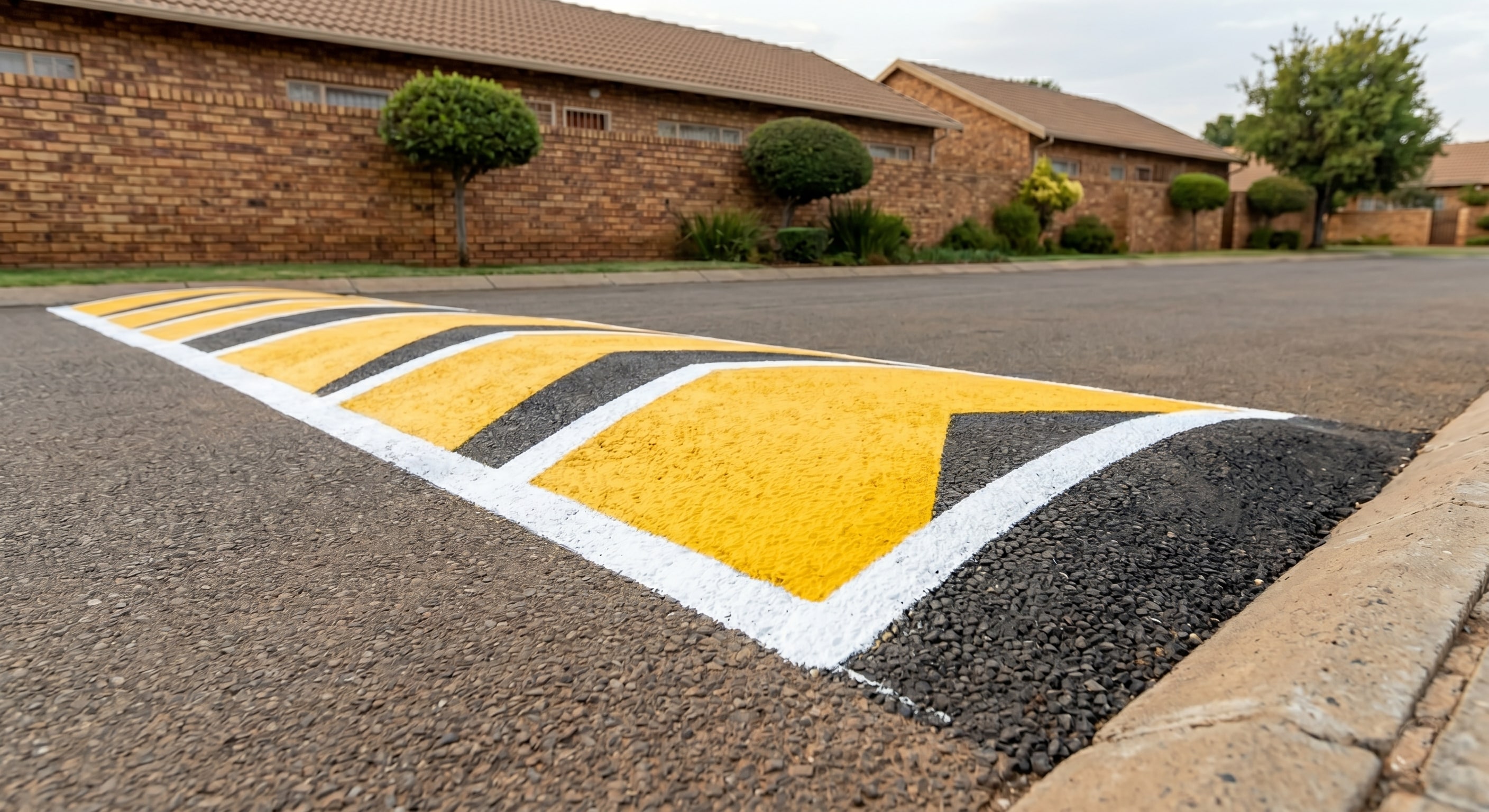 Close-up of a completed yellow no-parking edge line at a complex kerb