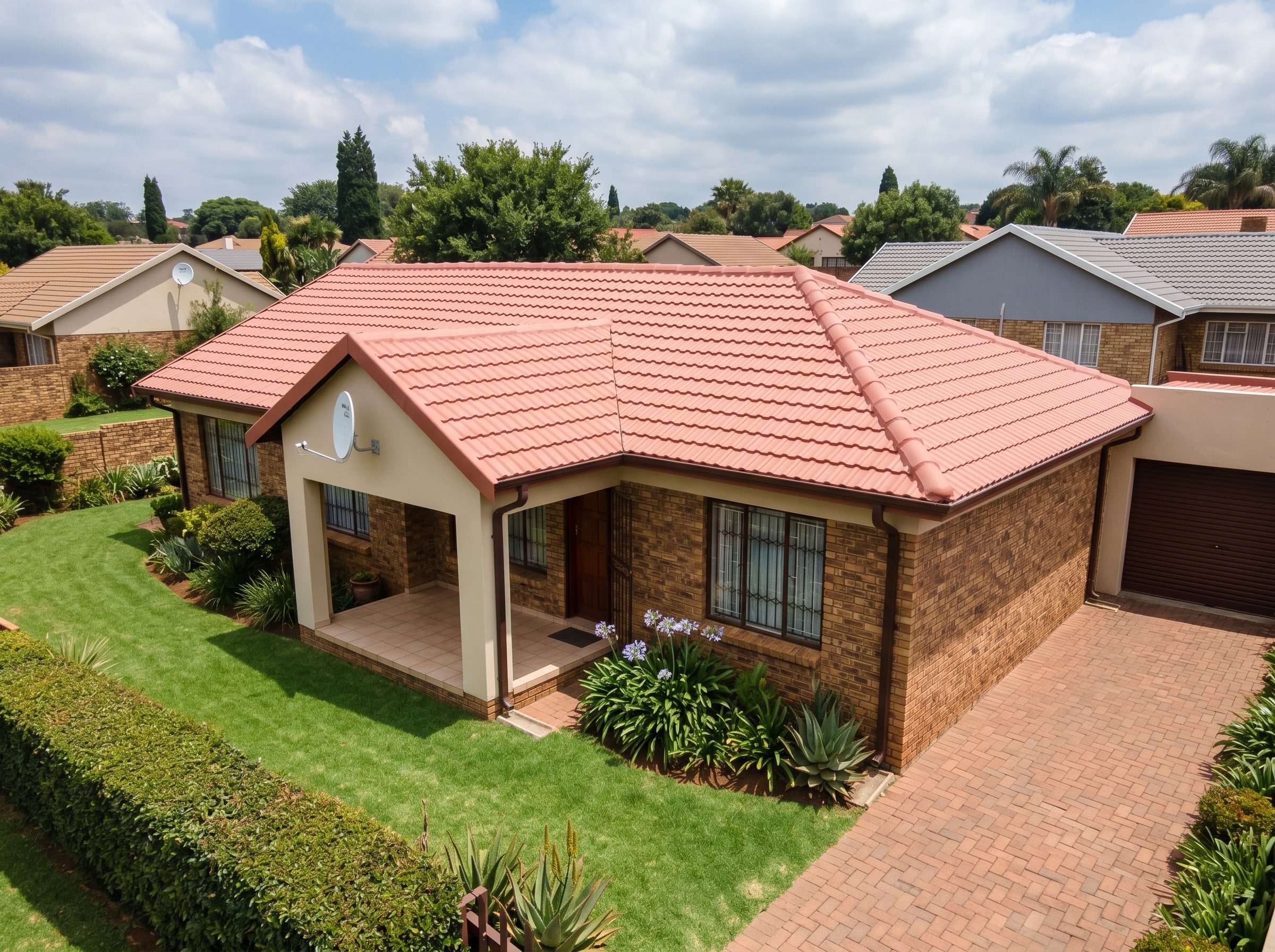 Completed heat-reflective tile roof coating on a modest Gauteng suburban home