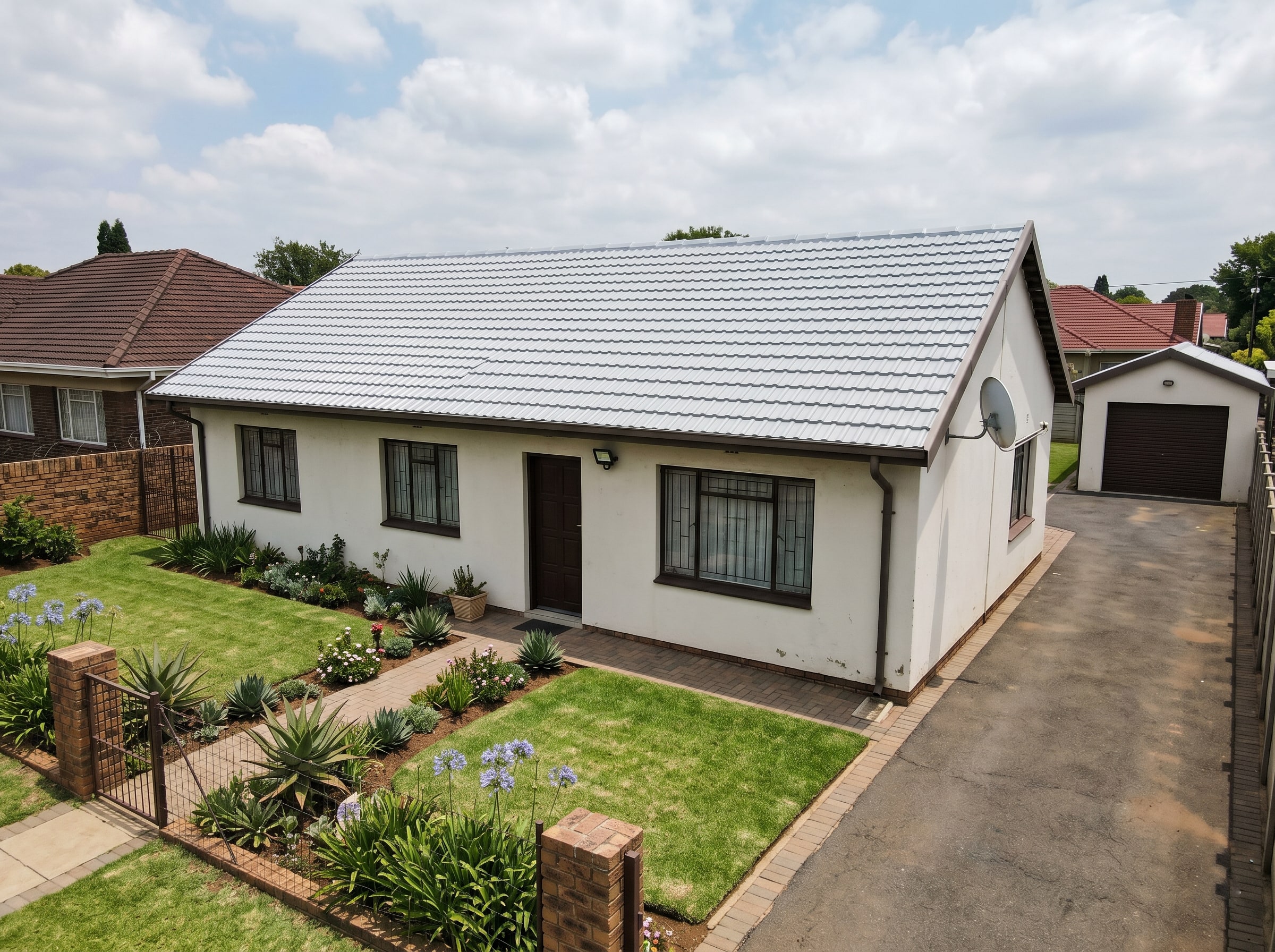 Completed tile roof restoration on a modest Gauteng sectional-title apartment wing