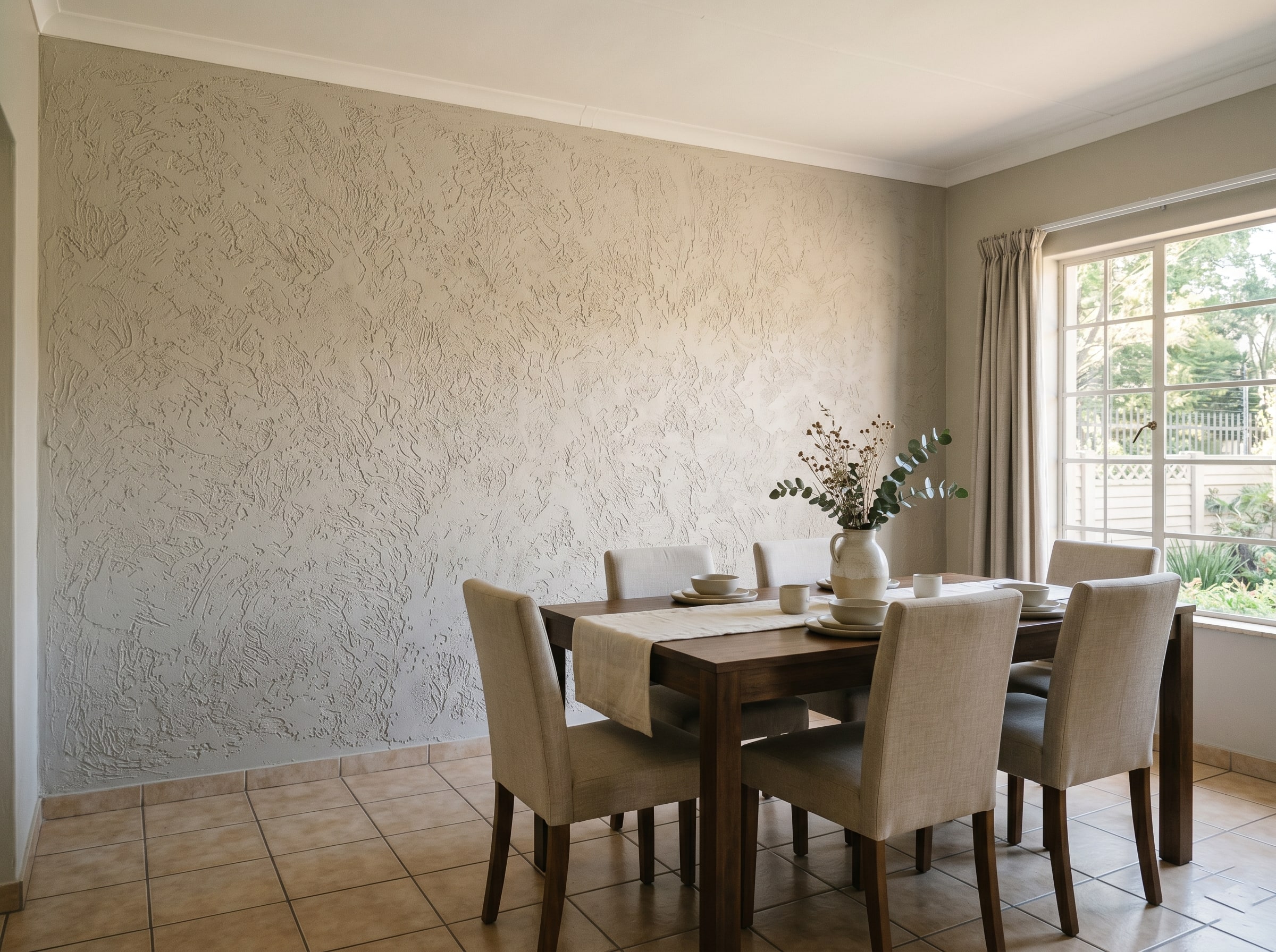 Completed soft greige interior stucco in an open-plan dining and living area