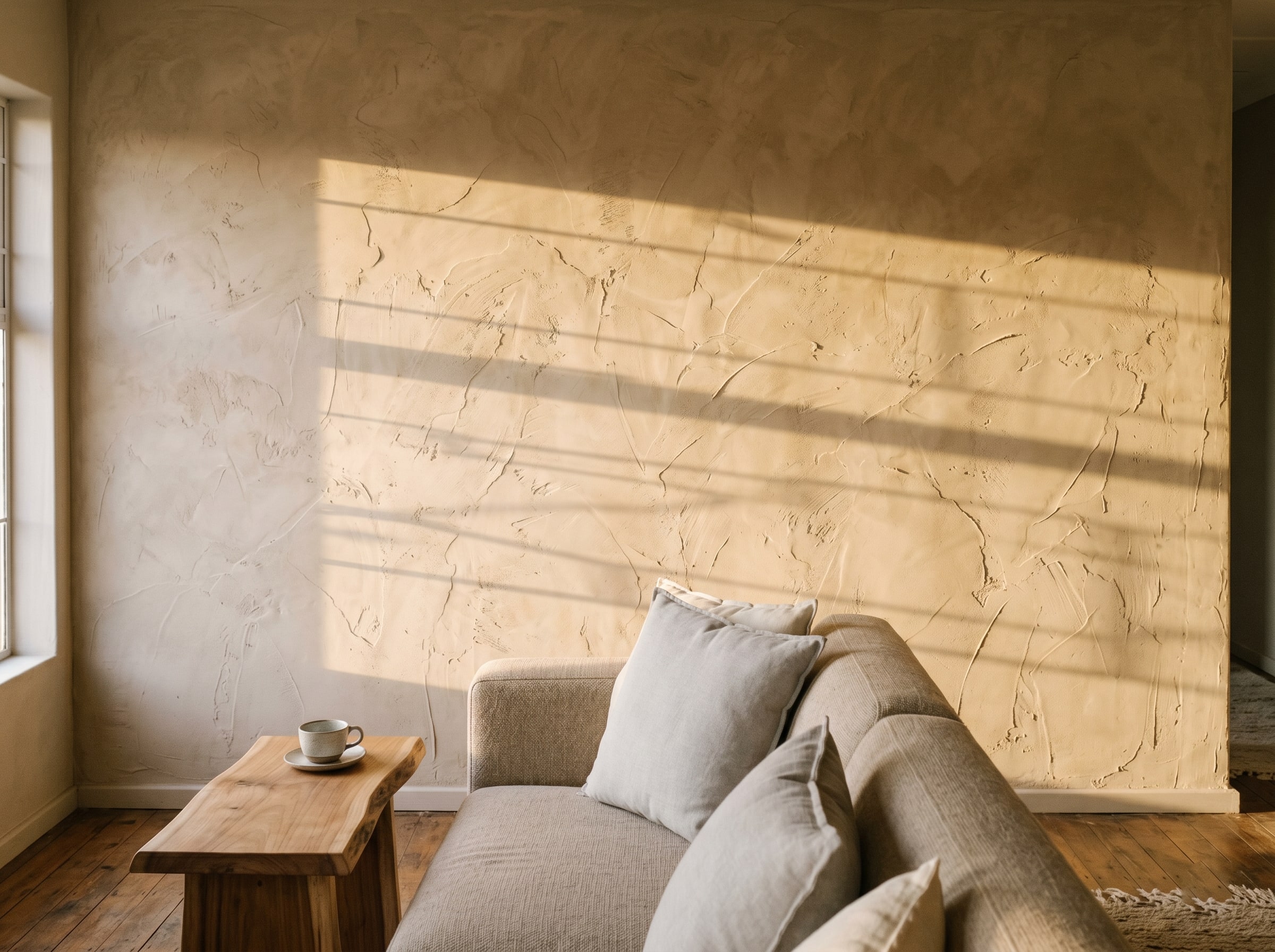 Completed warm off-white interior stucco walls in a residential entrance foyer