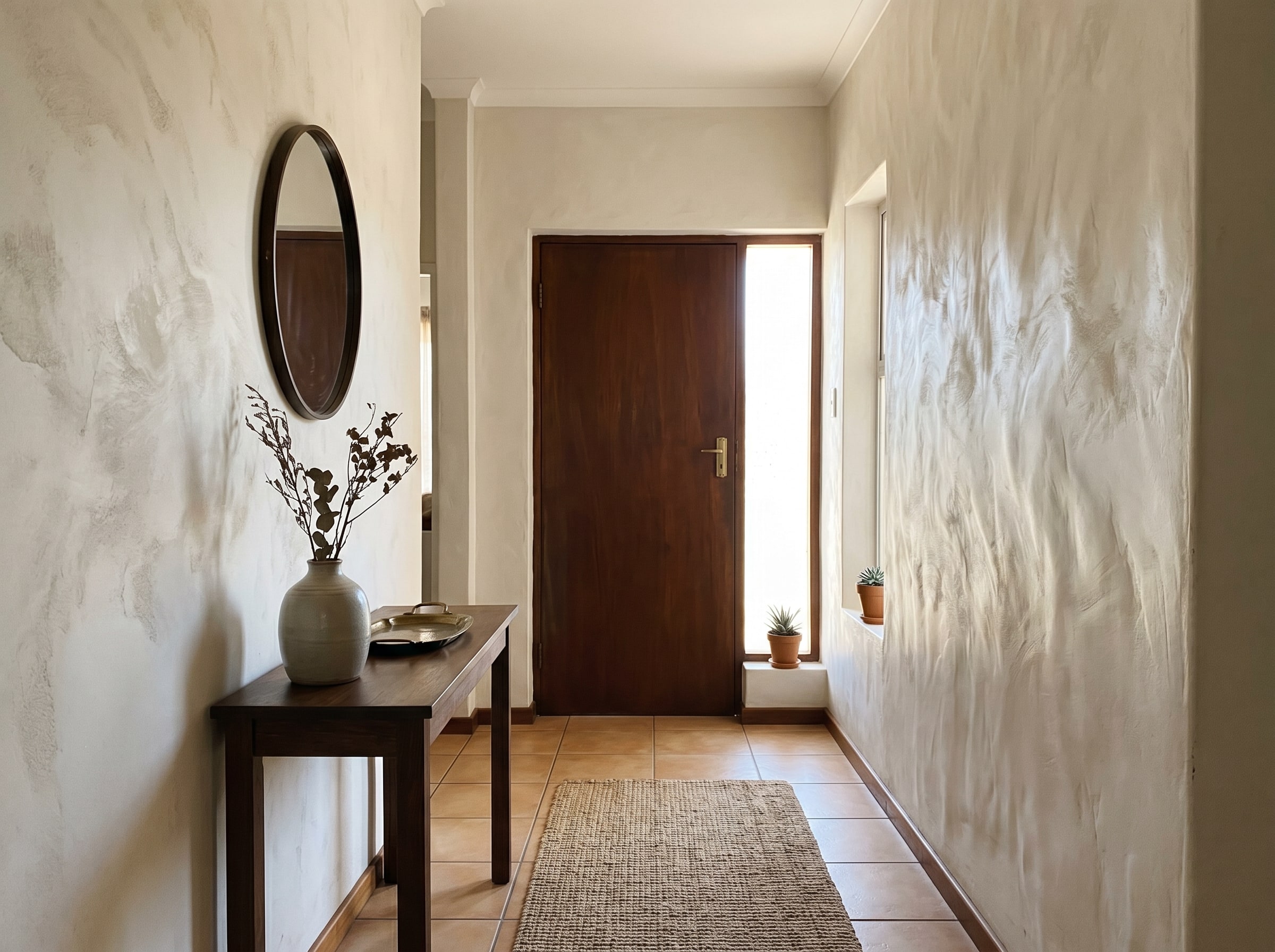 Completed warm sand interior stucco accent wall in a lounge seating area