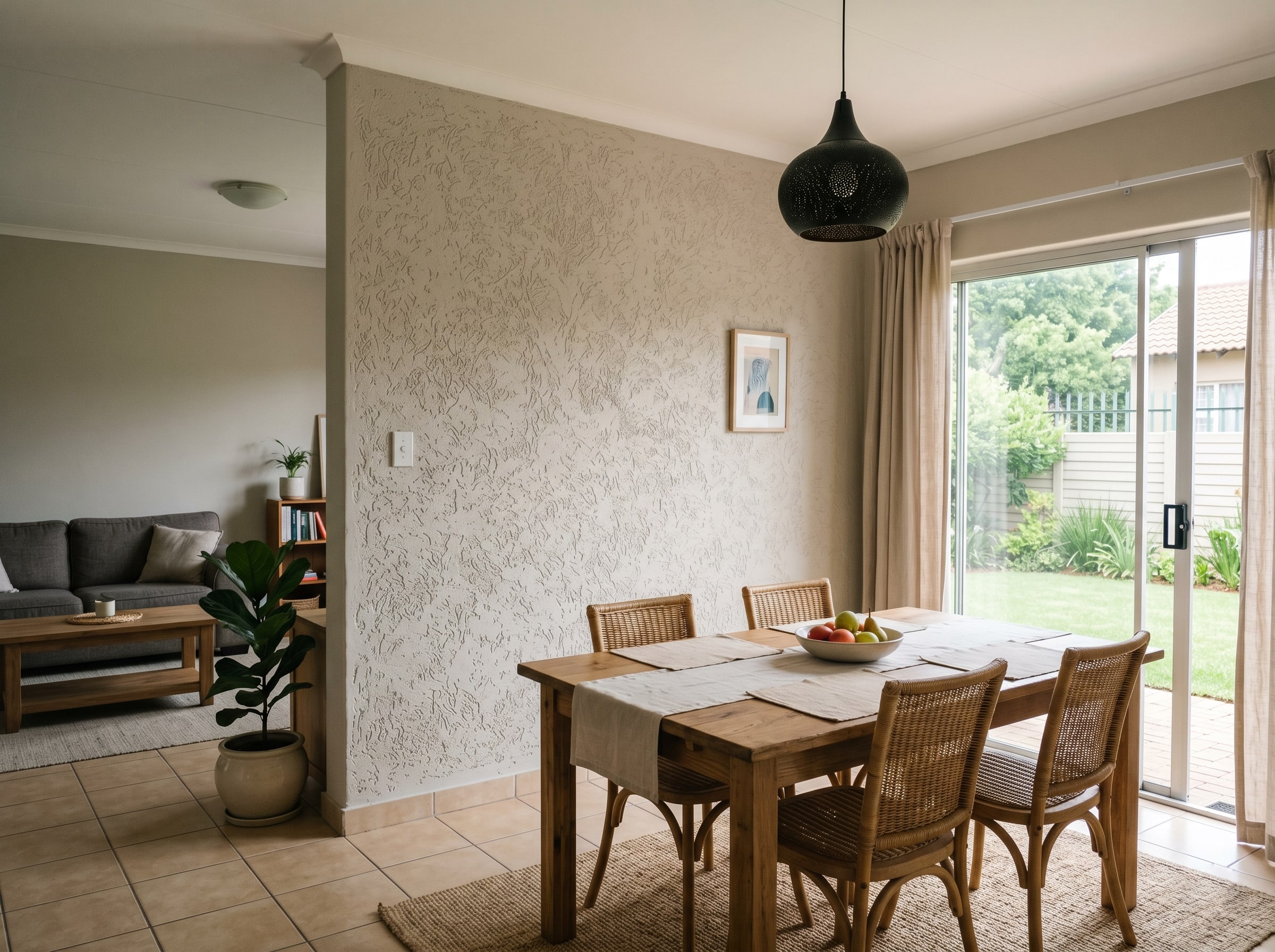 Completed soft greige interior stucco wall in a formal dining room in Gauteng