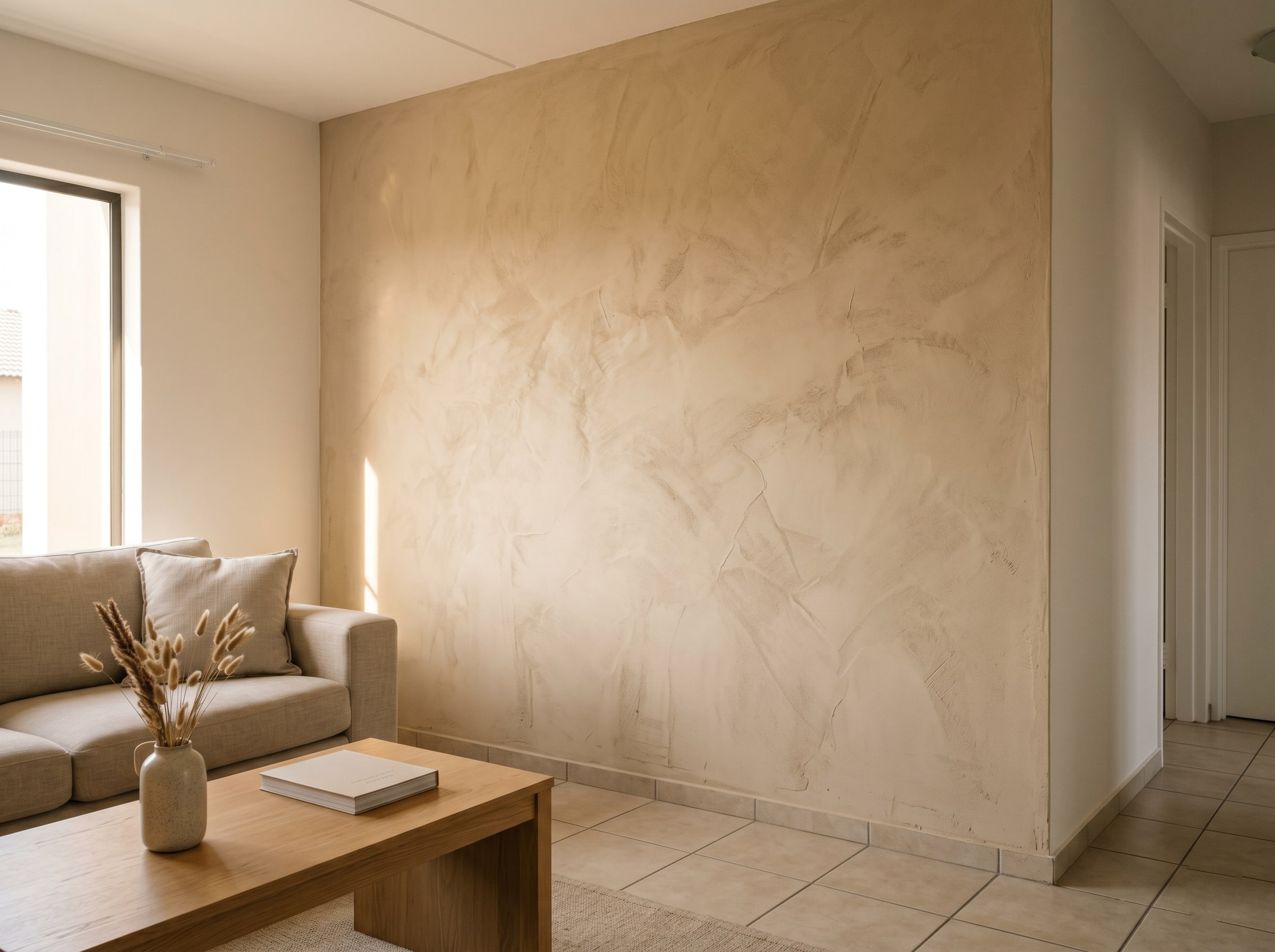 Completed warm off-white interior stucco media wall in a living room