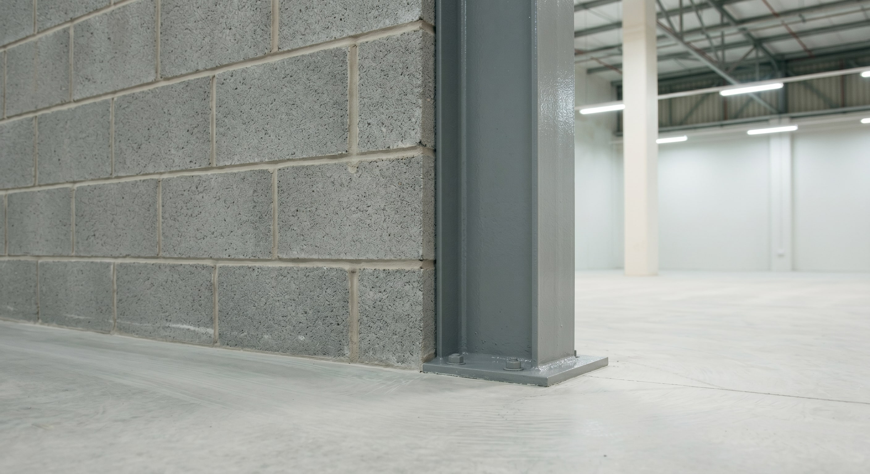 Close-up of completed protective coating on warehouse portal frame steel